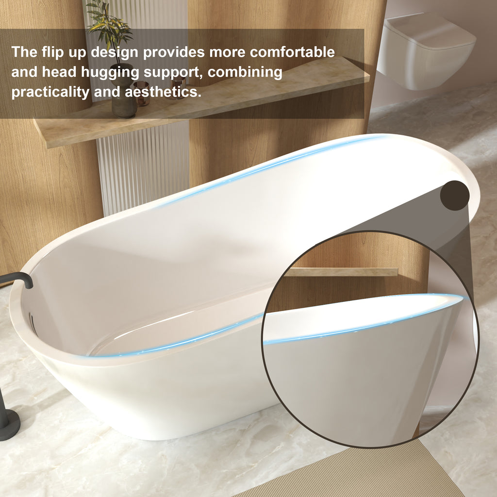 KZG 59 in. freestanding slipper soaking tub in gloss white acrylic with chrome overflow and pop-up drain — image 7