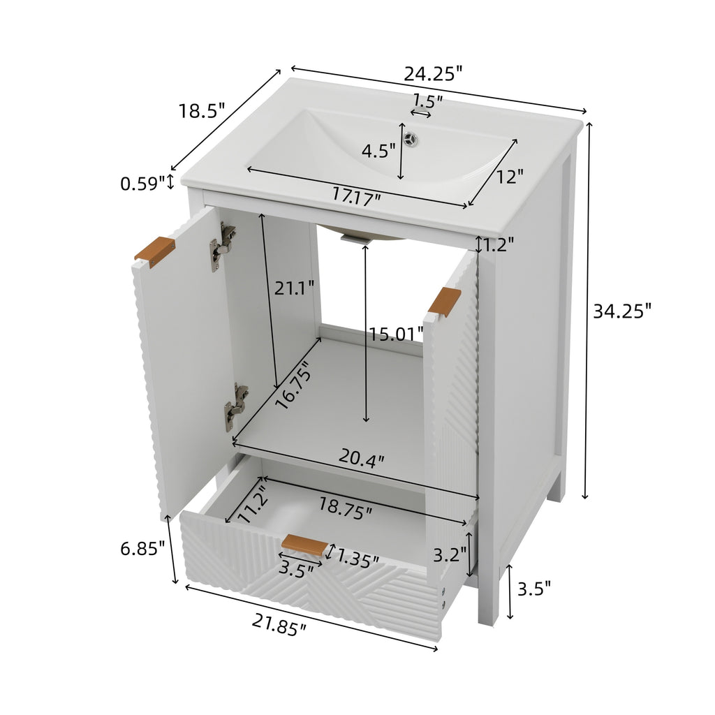 KZG 24-inch modern white bathroom vanity with ceramic undermount sink and soft-close drawer — image 3