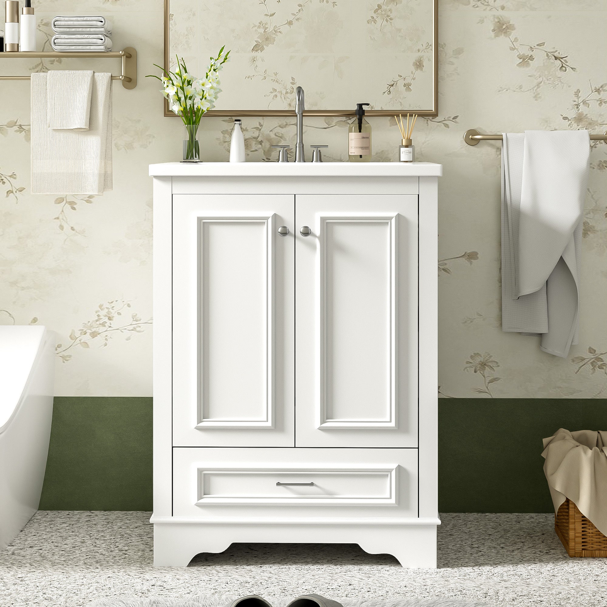KZG 24 in. modern white bathroom vanity with ceramic sink and soft-closing doors — image 2
