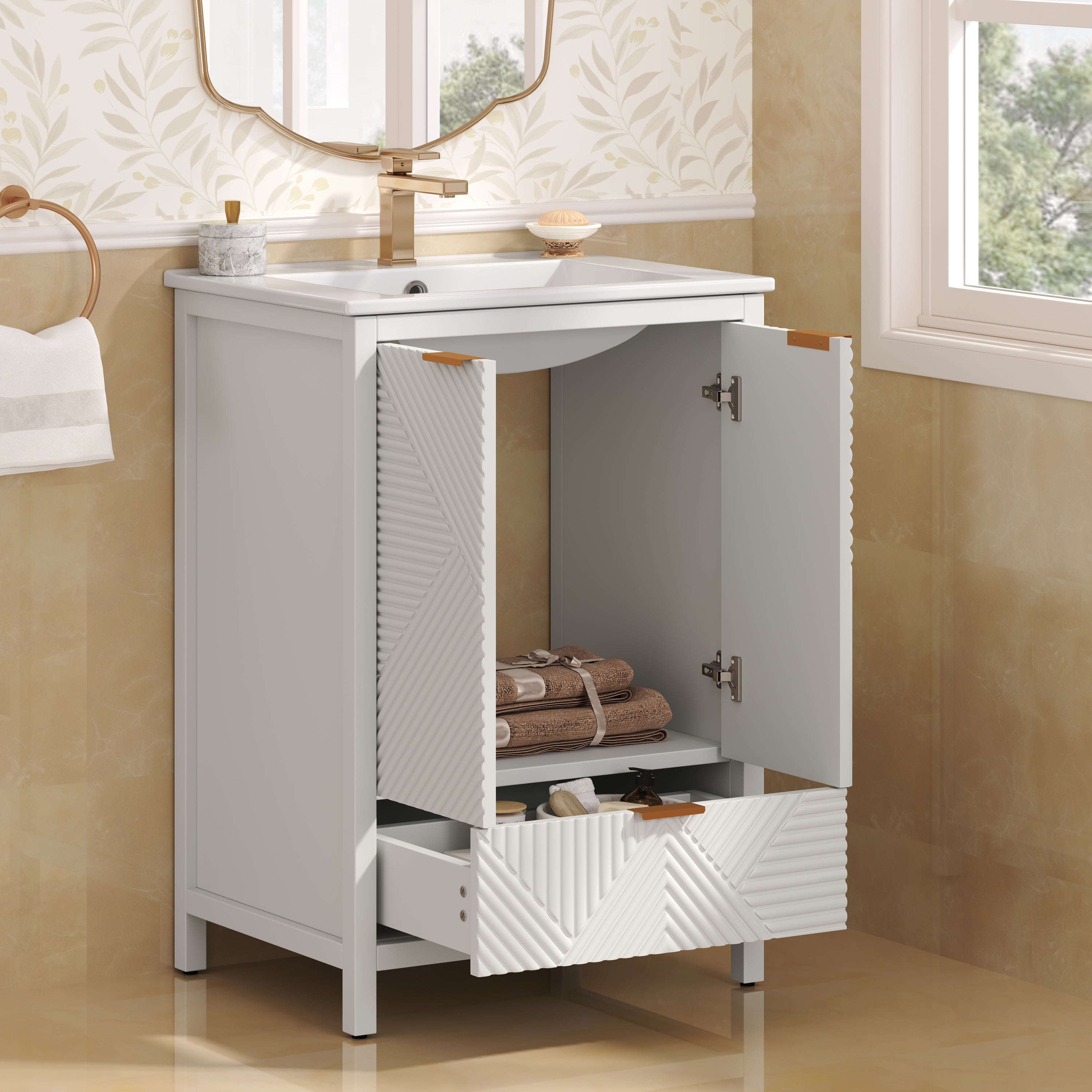 KZG 24-inch modern white bathroom vanity with ceramic undermount sink and soft-close drawer — image 4