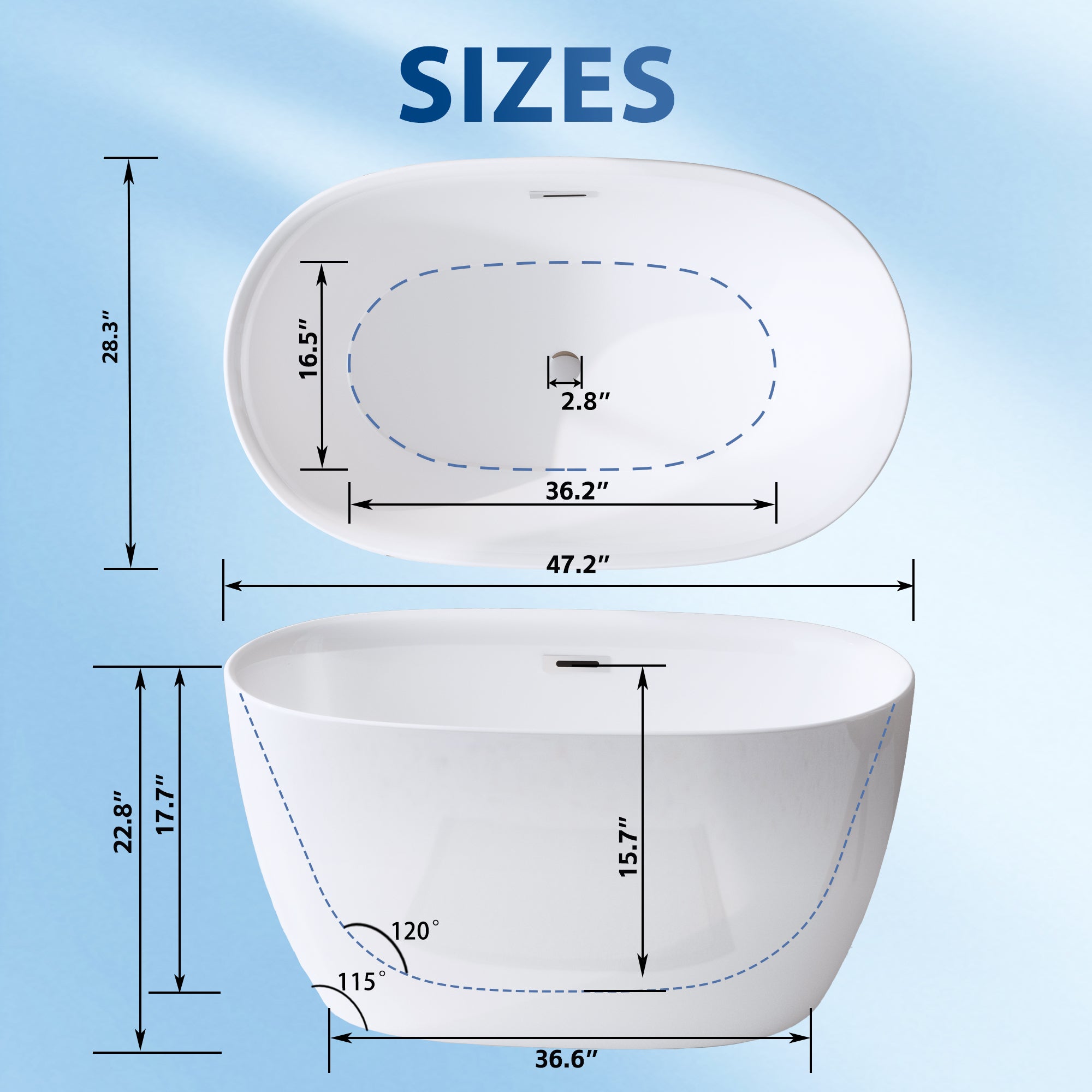 KZG 47-inch gloss white acrylic freestanding oval bathtub with chrome overflow and pop-up drain — image 3