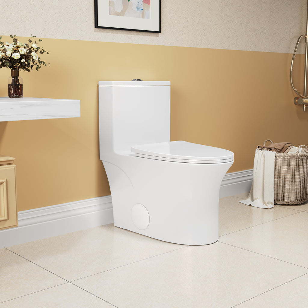 White elongated comfort height one-piece ceramic toilet with skirted design — image 3