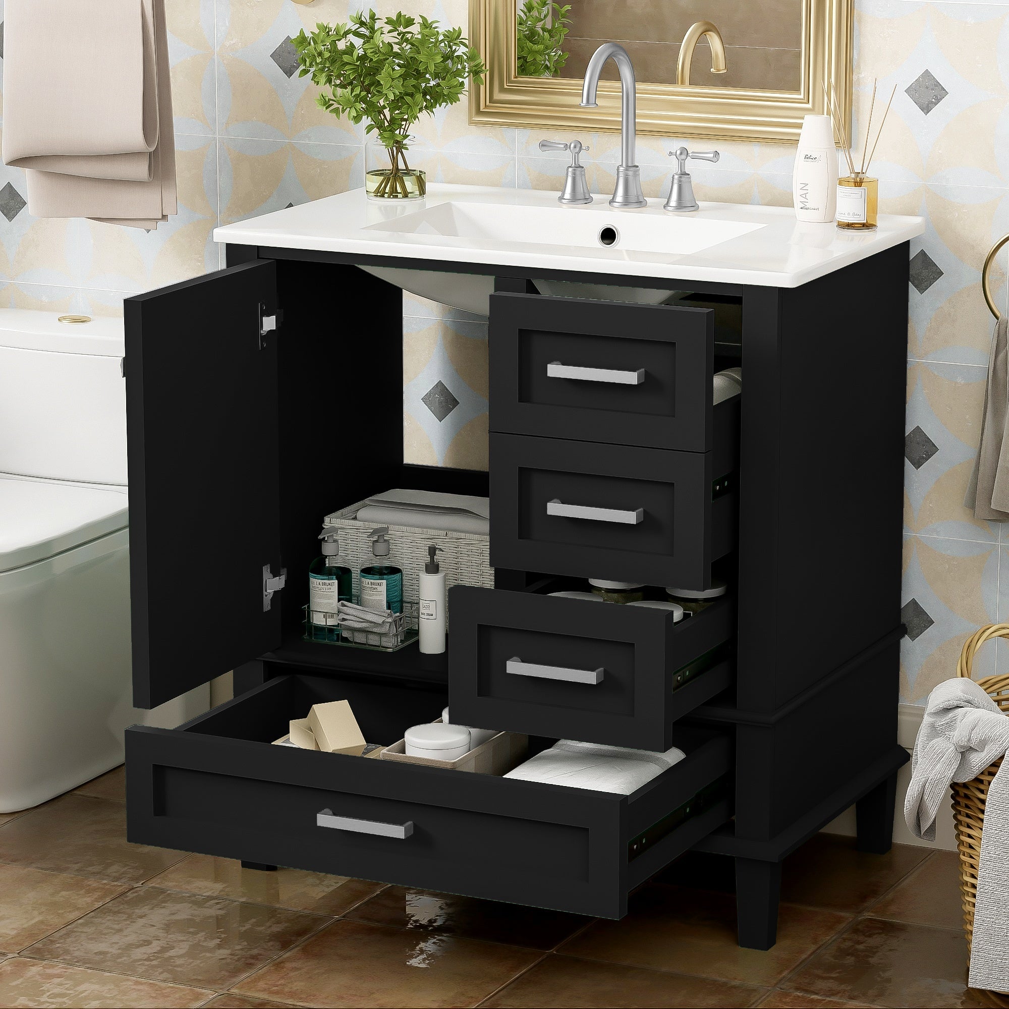 Matte black bathroom vanity with ceramic sink, soft-close doors, 30 in. — image 4