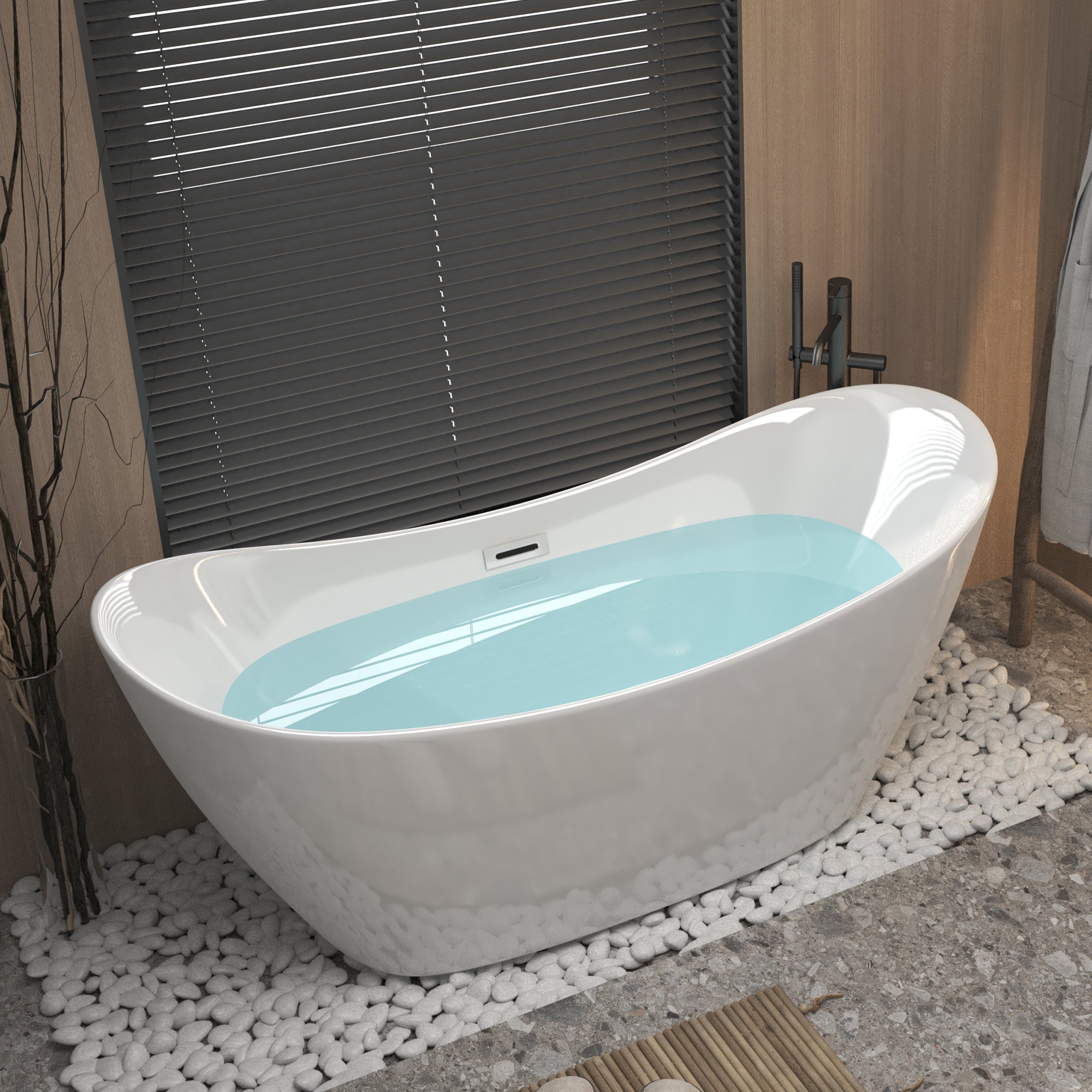 KZG modern acrylic freestanding soaking tub in gloss white with chrome overflow and drain — image 6