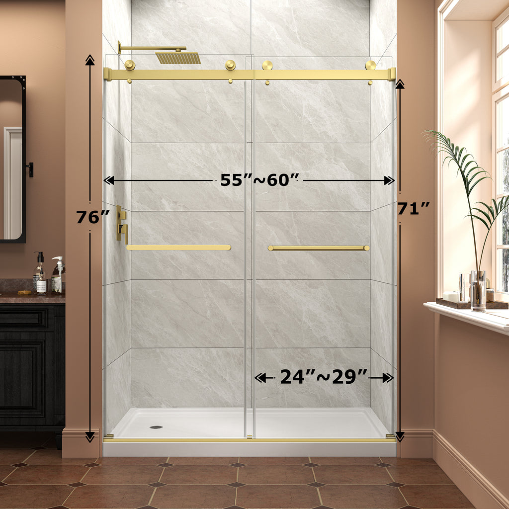 KZG brushed gold frameless bypass sliding shower door, 55–60 in. wide, 76 in. tall — image 3