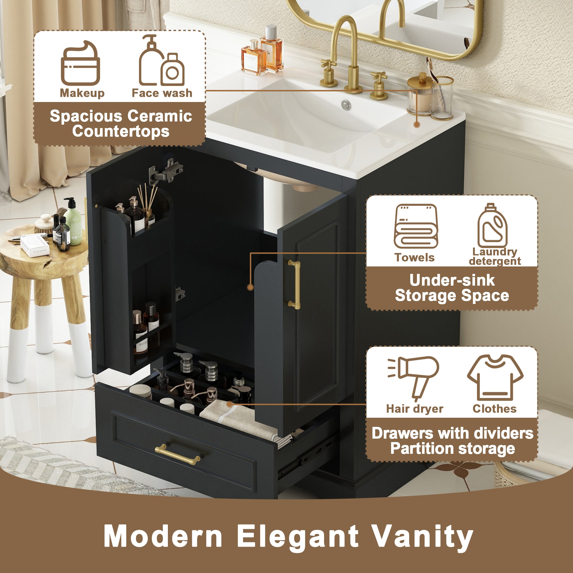 KZG 24-inch modern black bathroom vanity with ceramic sink and soft-close doors — image 6