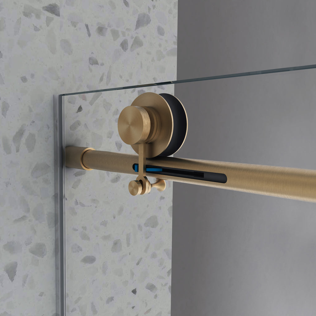 Brushed gold frameless sliding shower door with soft-close hardware — image 4