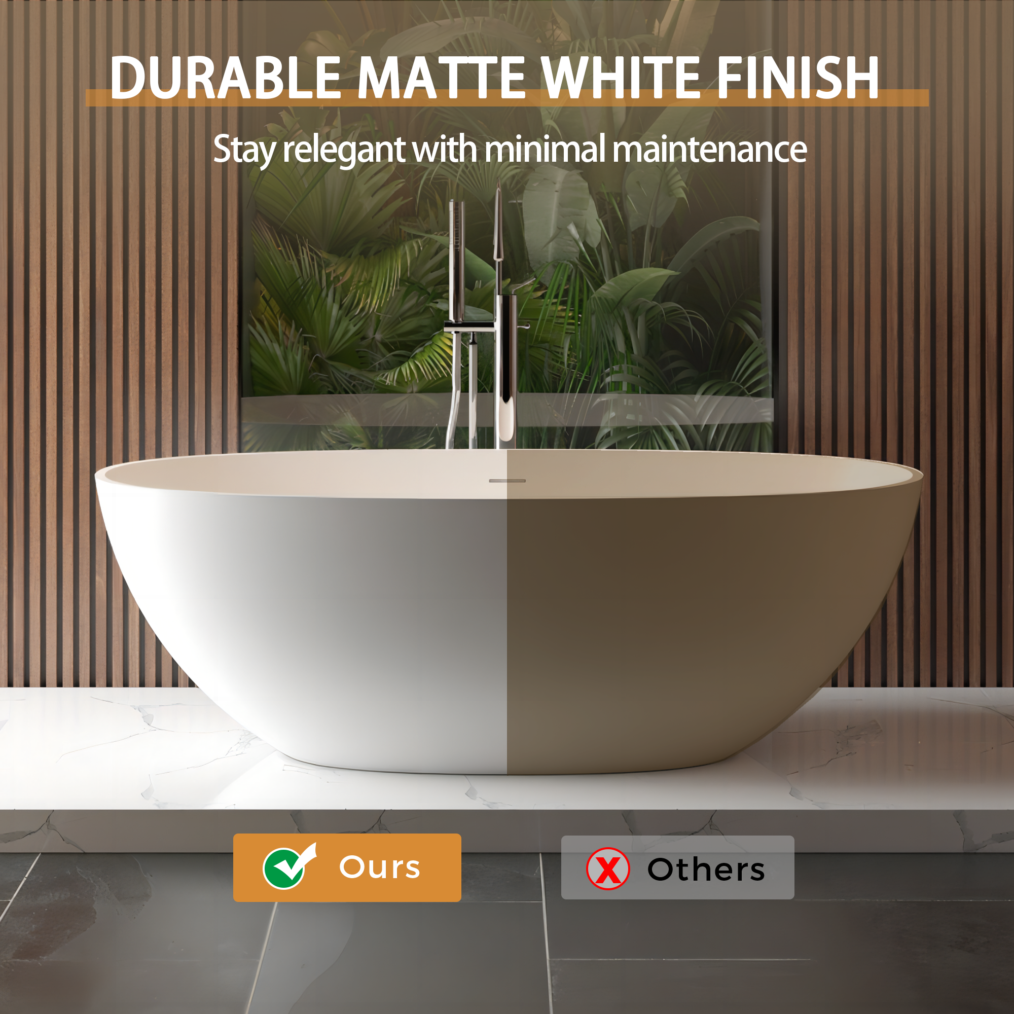 KZG 65in. freestanding soaking bathtub in matte white solid surface with overflow and pop-up drain — image 6