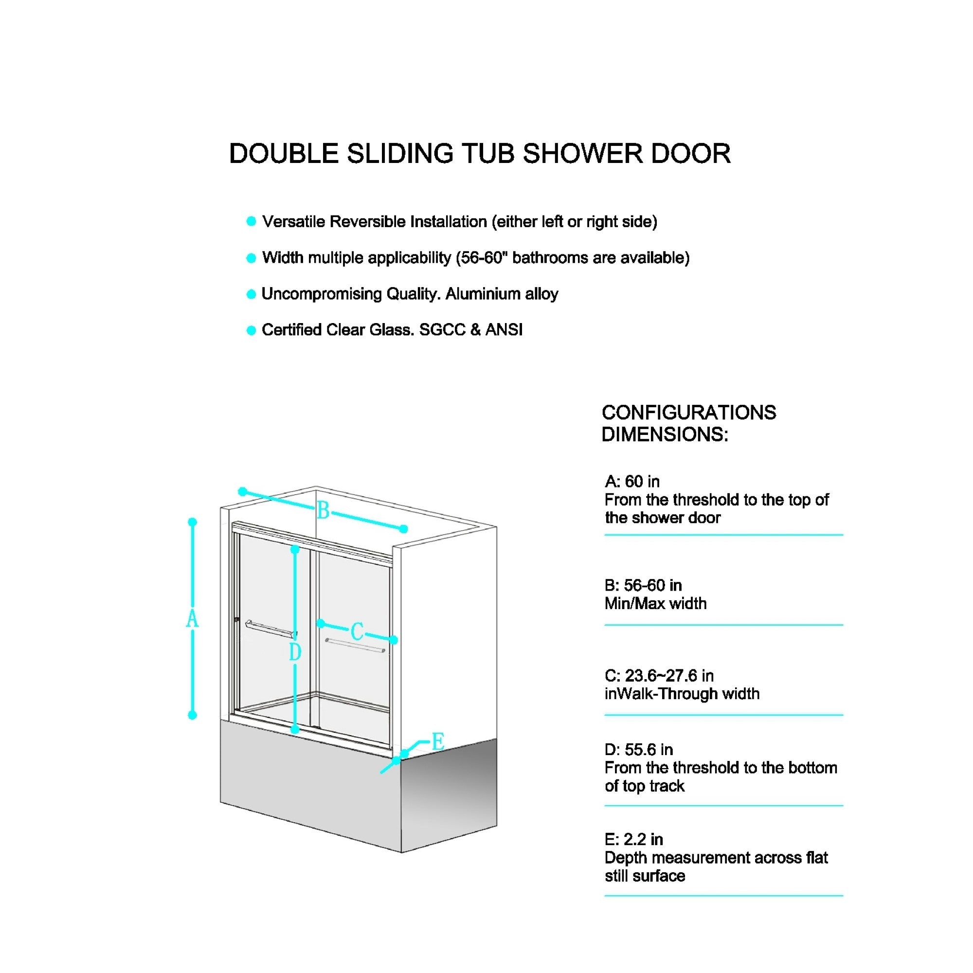 KZG 56-60 inch double sliding tub shower door in chrome aluminum with clear tempered glass — image 2