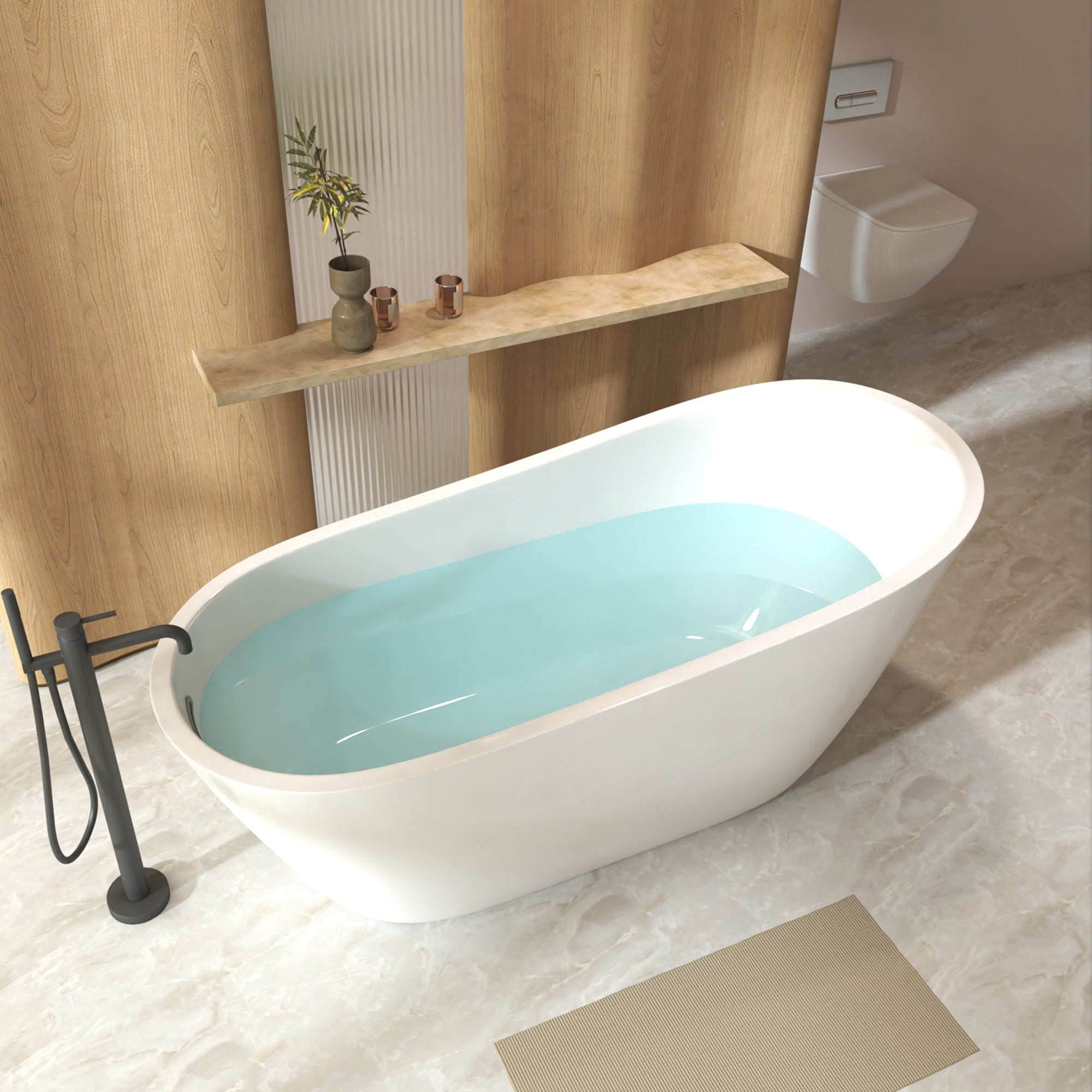 KZG 67 in. freestanding slipper bathtub in gloss white acrylic with chrome overflow and pop-up drain — image 2