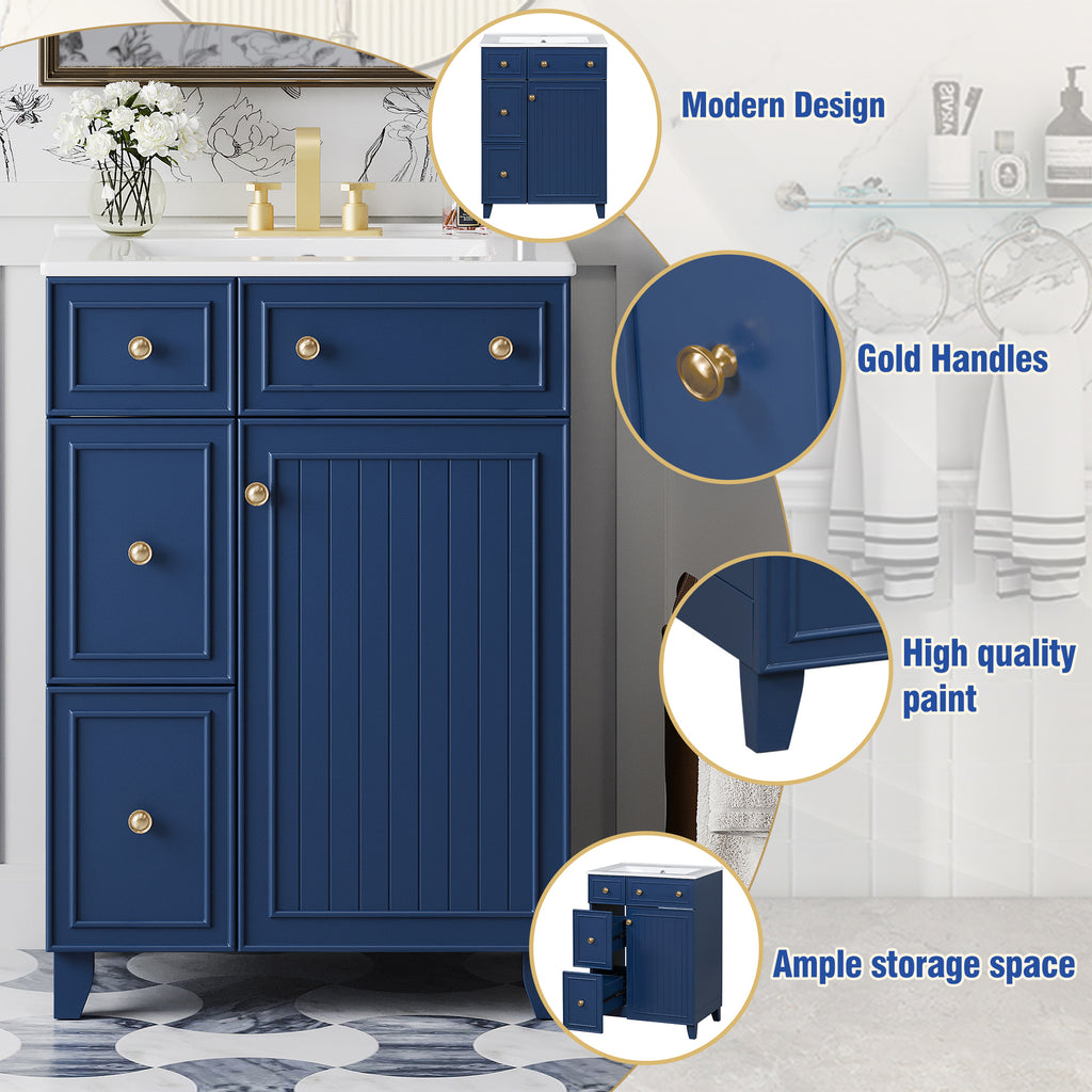 Blue vanity cabinet with ceramic sink, 24-inch width — image 6