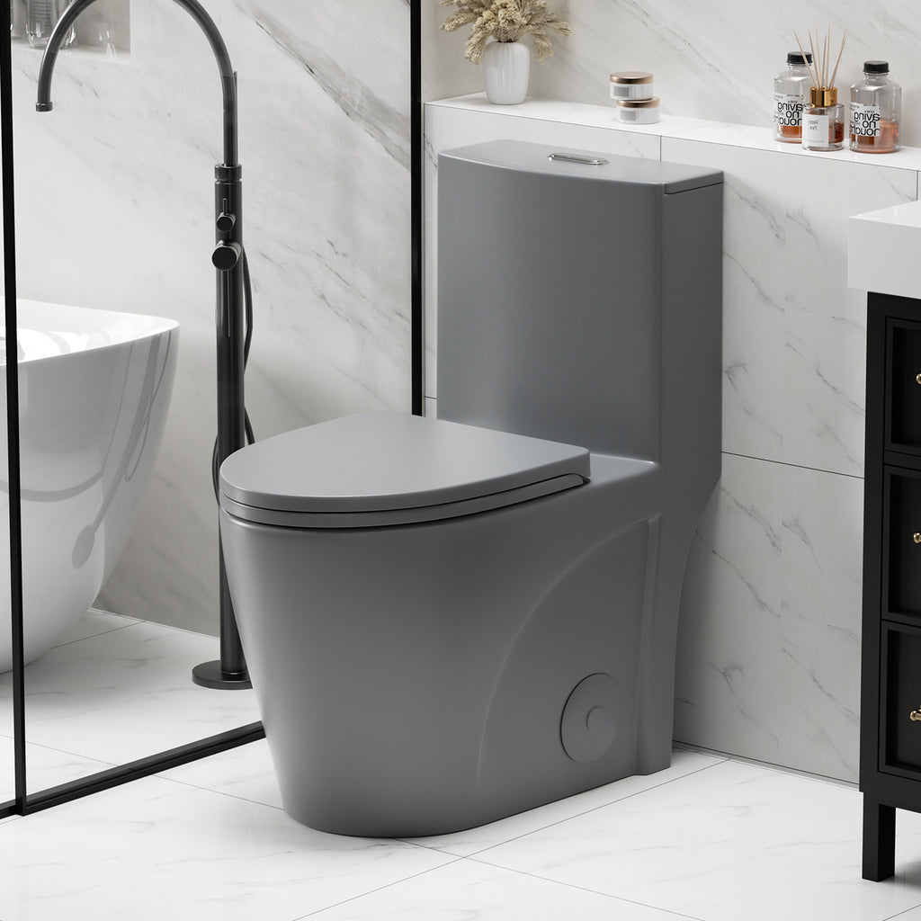 Light gray matte one-piece toilet, comfort height, dual-flush — image 4