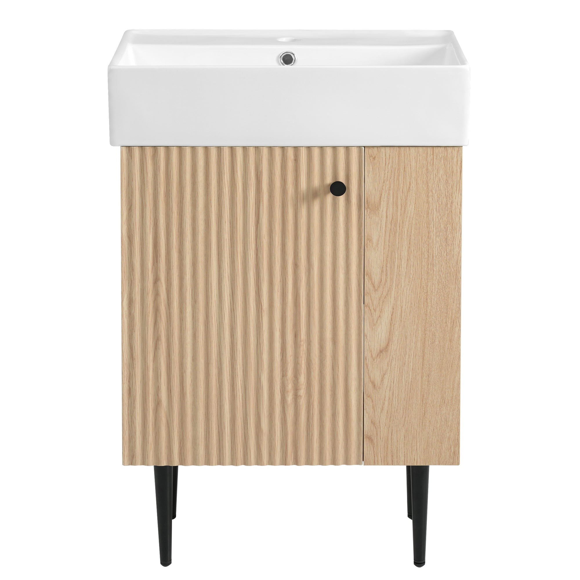 KZG modern wood bathroom vanity with ceramic sink and gold legs, right-side storage — image 1