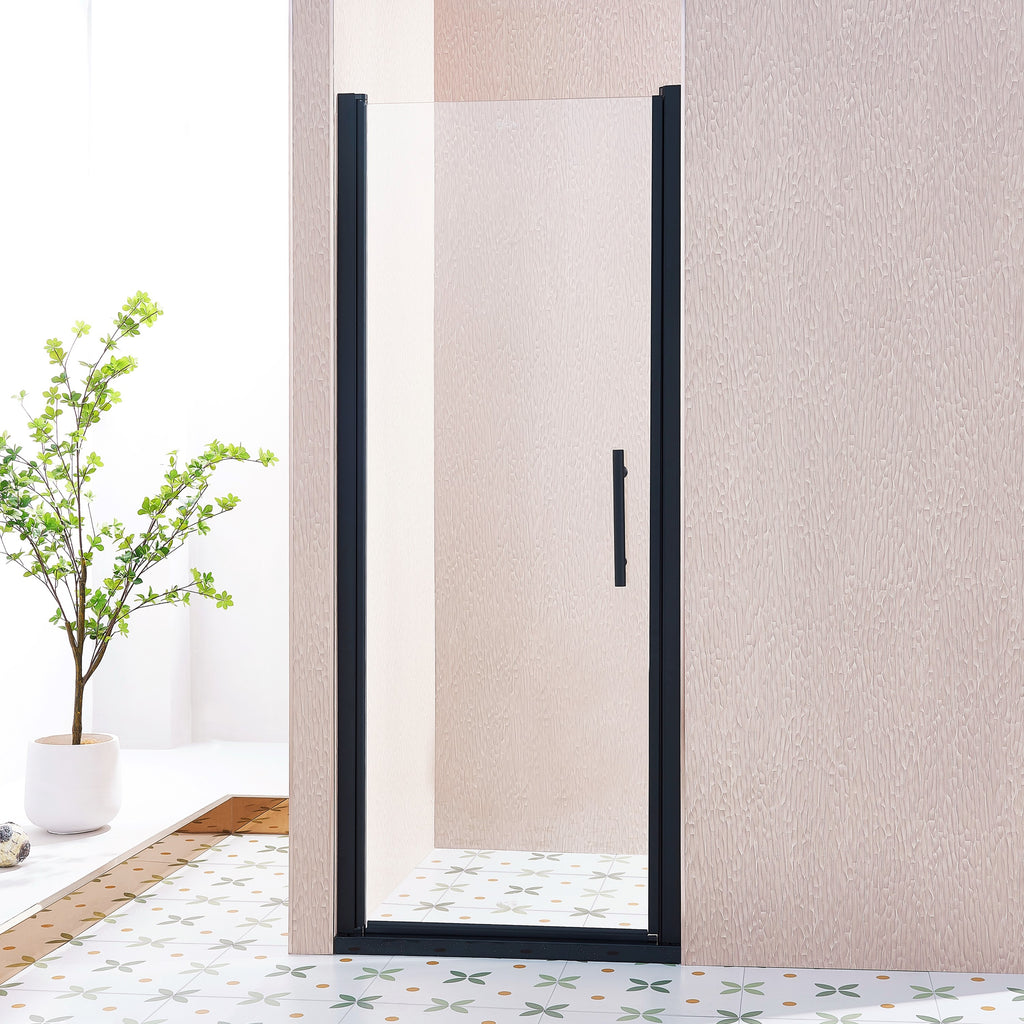 KZG pivot shower door, 30-31.5 in. wide x 75 in. tall, matte black aluminum with clear tempered glass — image 1