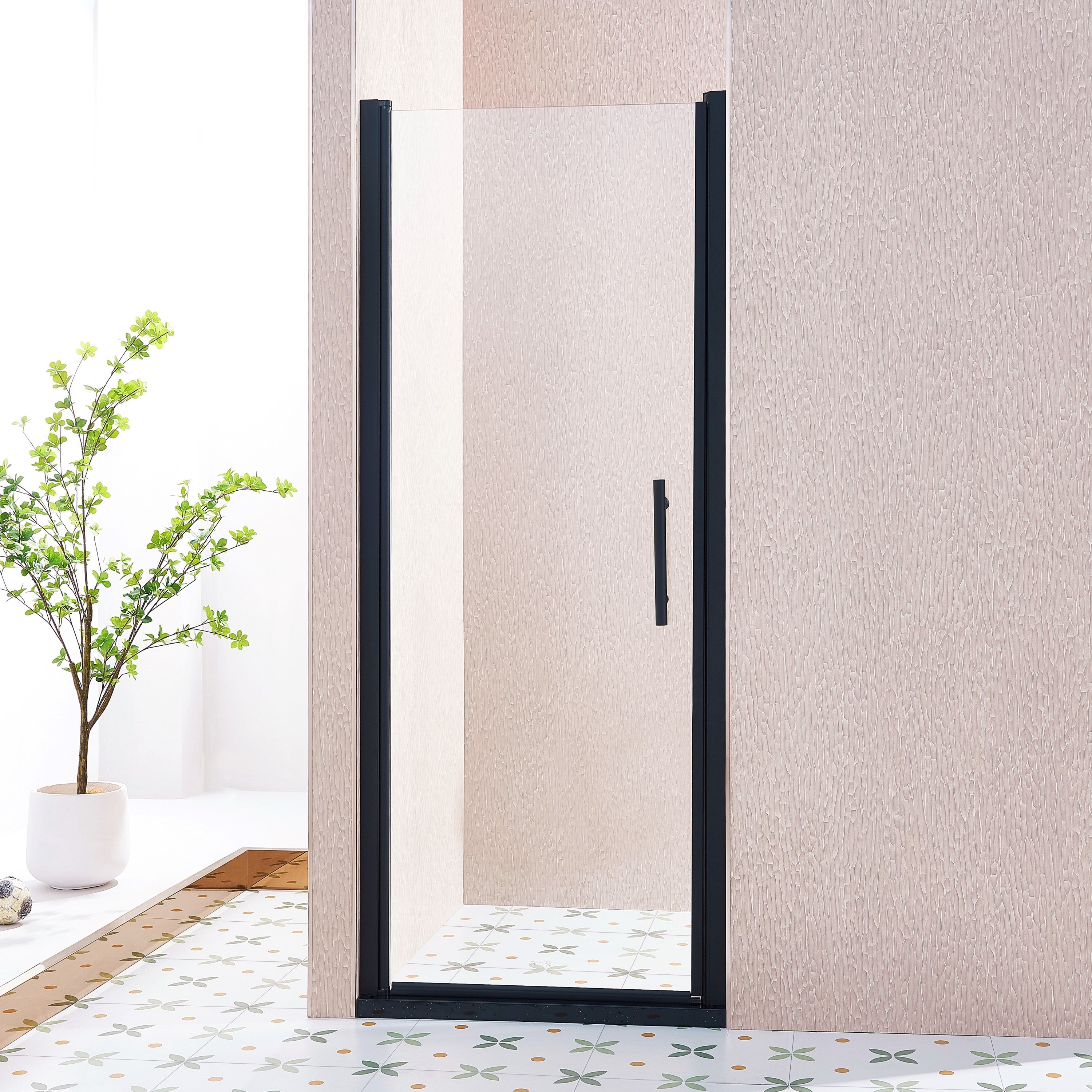 KZG pivot shower door, 30-31.5 in. wide x 75 in. tall, matte black aluminum with clear tempered glass — image 1