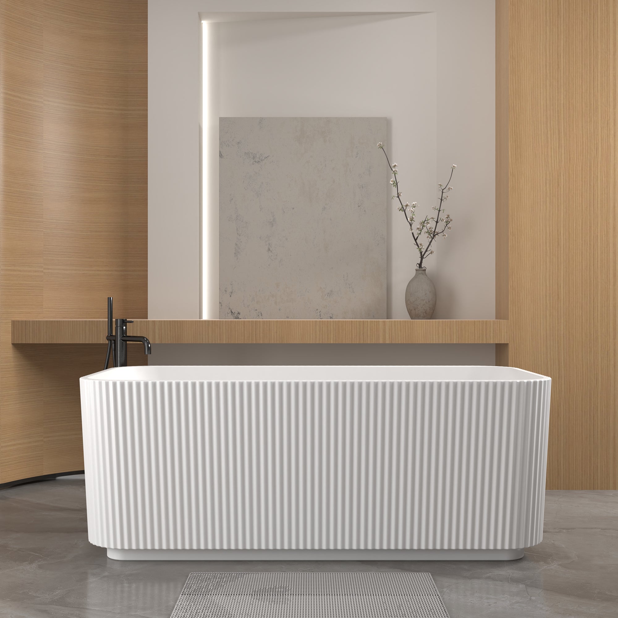KZG 59 in. rectangle linear acrylic freestanding soaker tub in glossy white with chrome pop-up drain — image 5