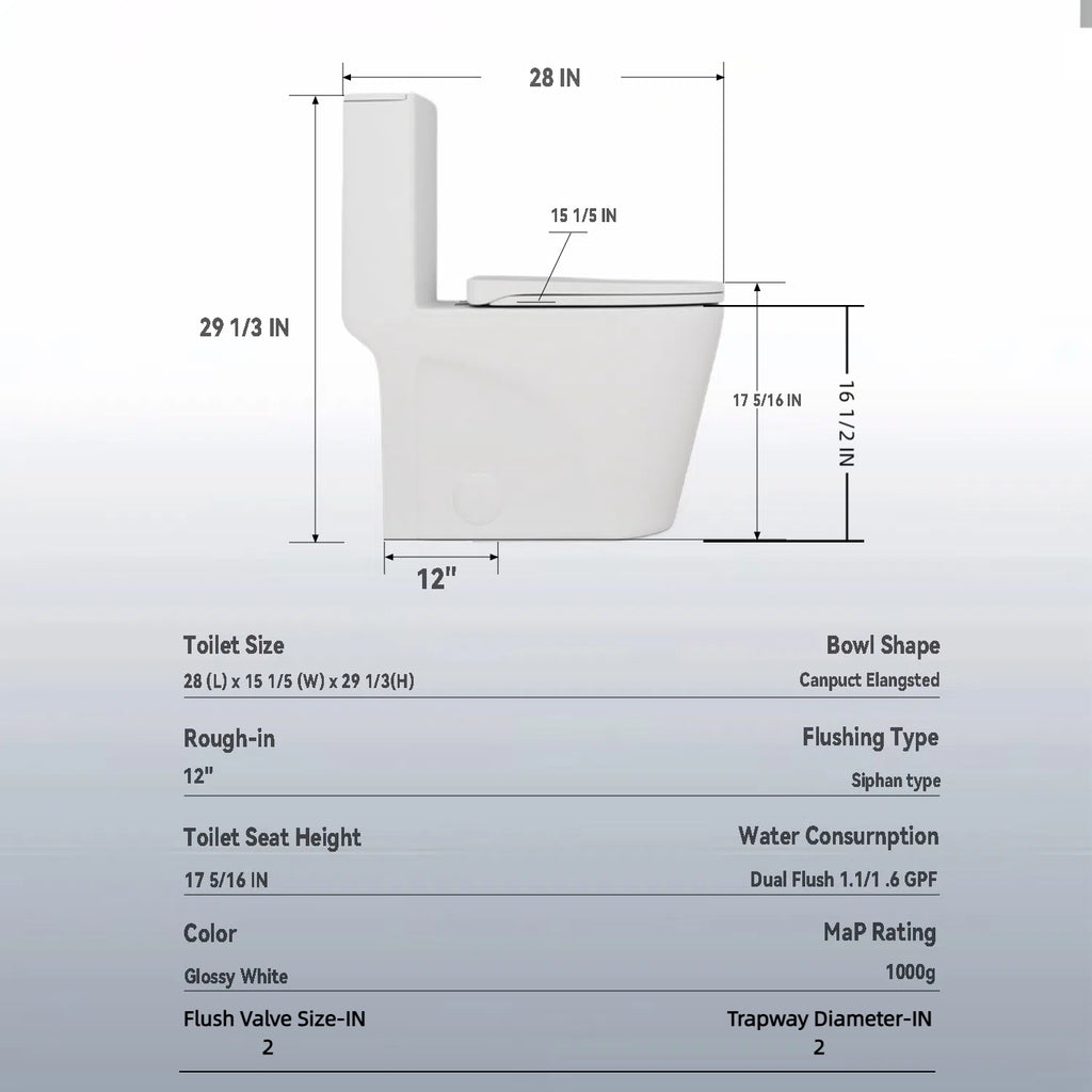 KZG Glossy White Tornado one-piece toilet with dual flush and soft-close seat in ADA height — image 3