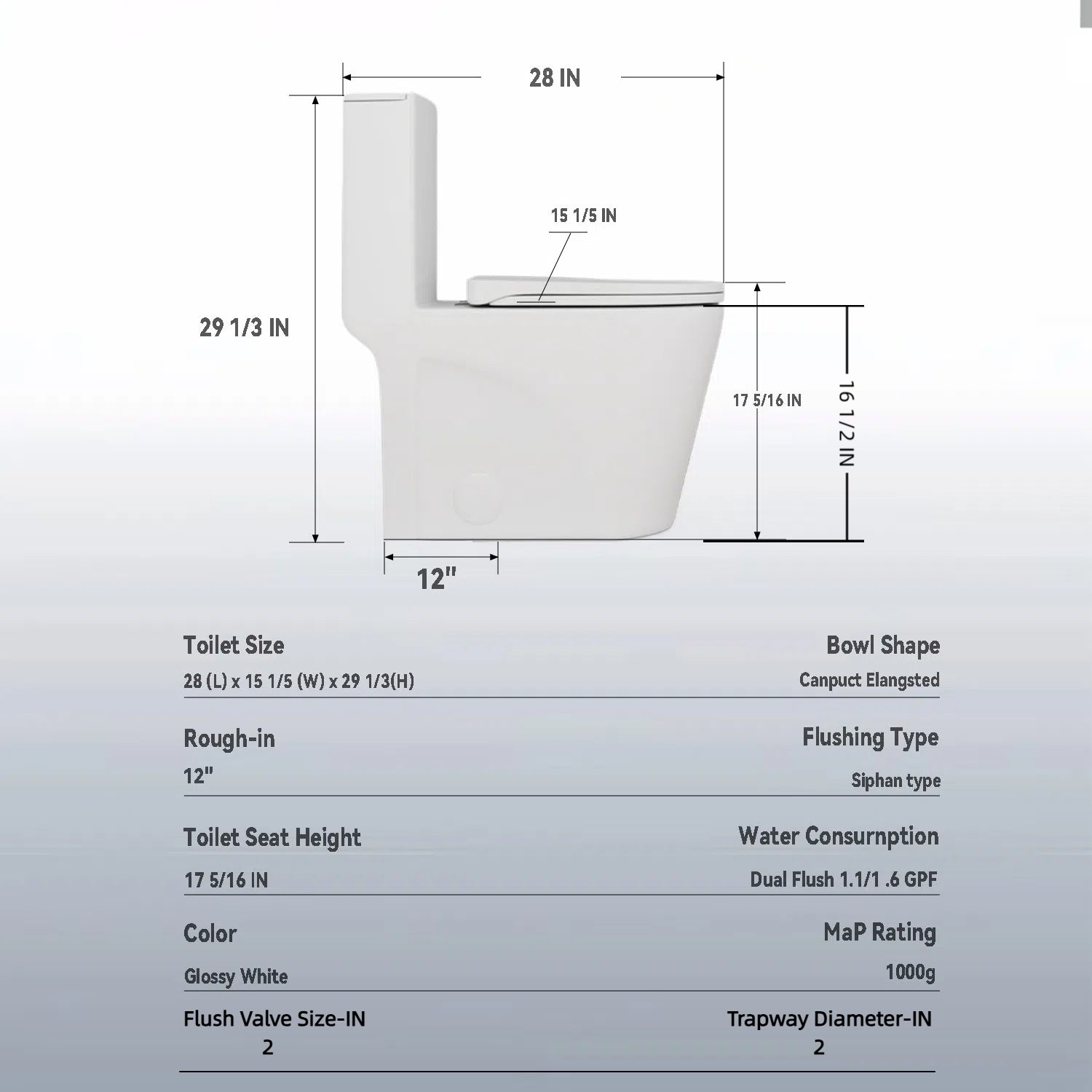 KZG Glossy White Tornado one-piece toilet with dual flush and soft-close seat in ADA height — image 3