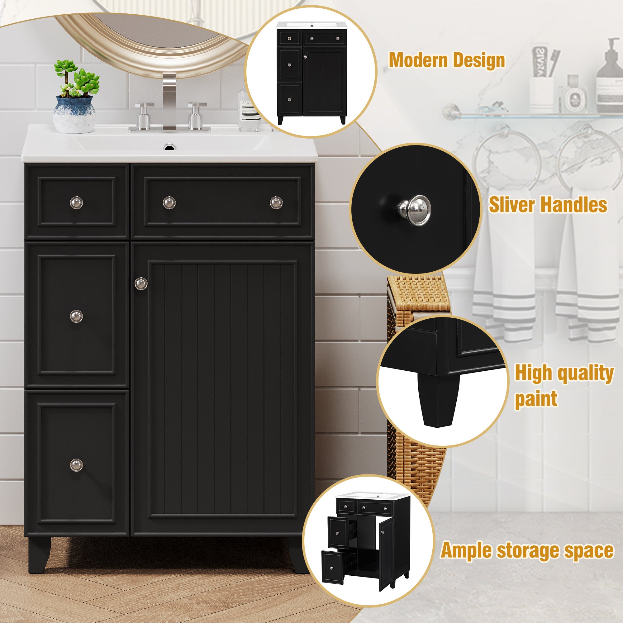 KZG 24-inch black transitional bathroom vanity cabinet with ceramic sink — image 6