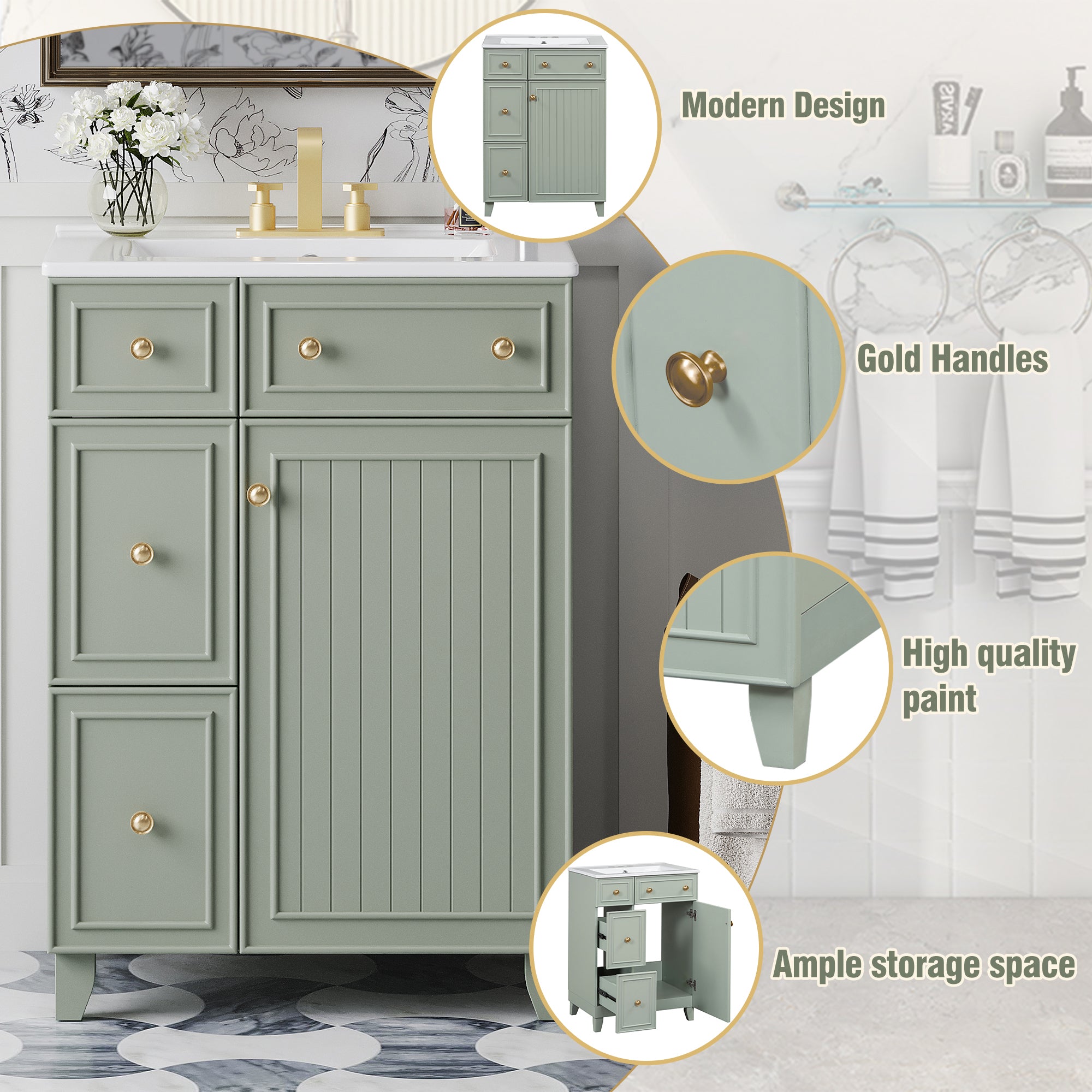 Green 24-inch bathroom vanity with ceramic sink — image 6