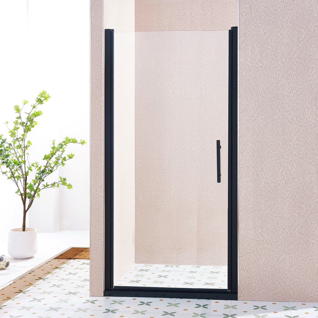 KZG 34–35.5 inch pivot swing shower door in matte black aluminum with clear tempered glass — image 1