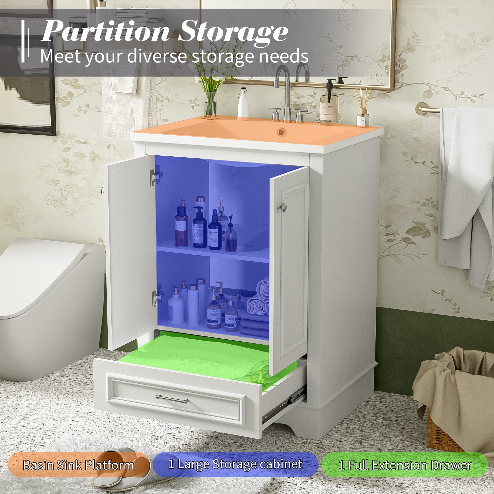 KZG 24 in. modern white bathroom vanity with ceramic sink and soft-closing doors — image 7