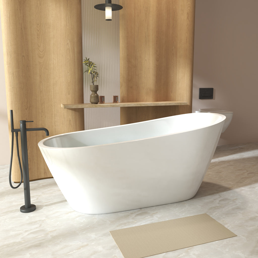 KZG 59 in. freestanding slipper soaking tub in gloss white acrylic with chrome overflow and pop-up drain — image 5