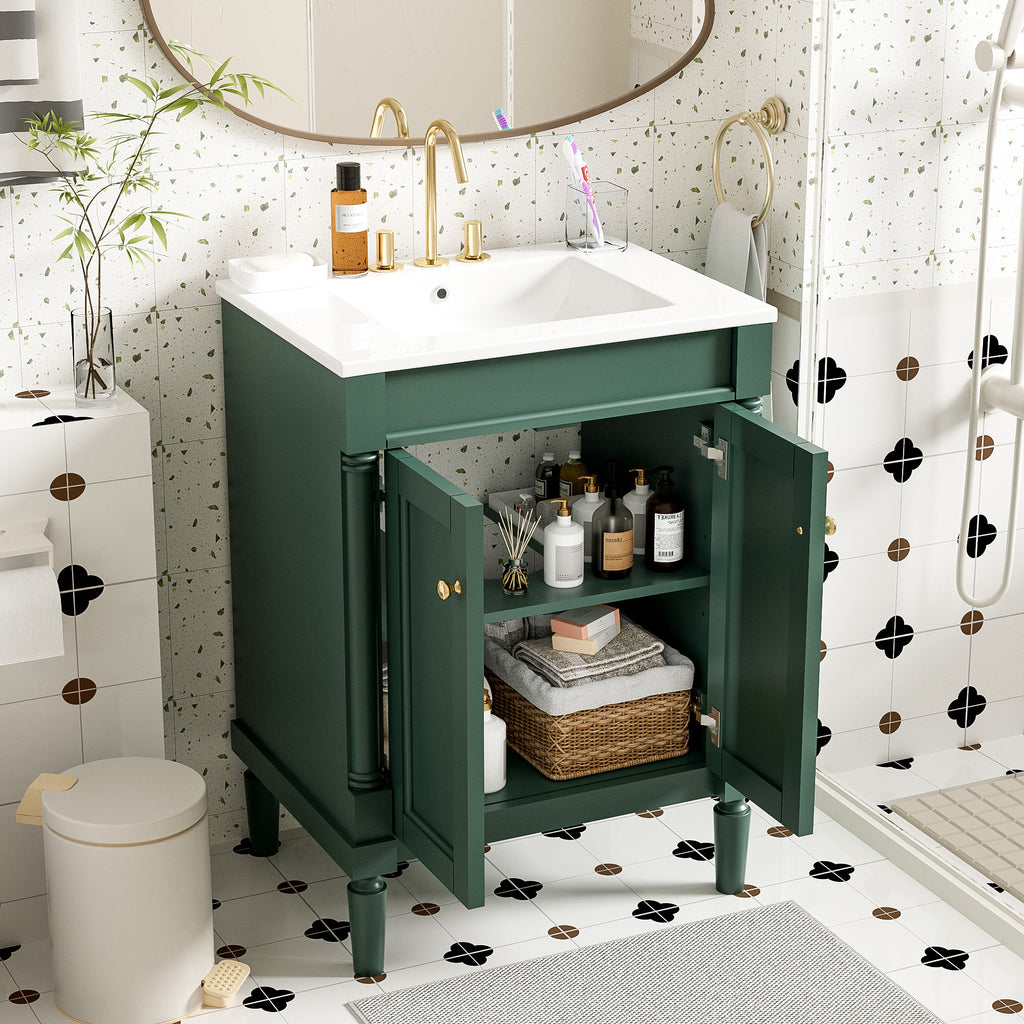 KZG 24-inch modern green bathroom vanity with ceramic basin and two-tier storage cabinet — image 4