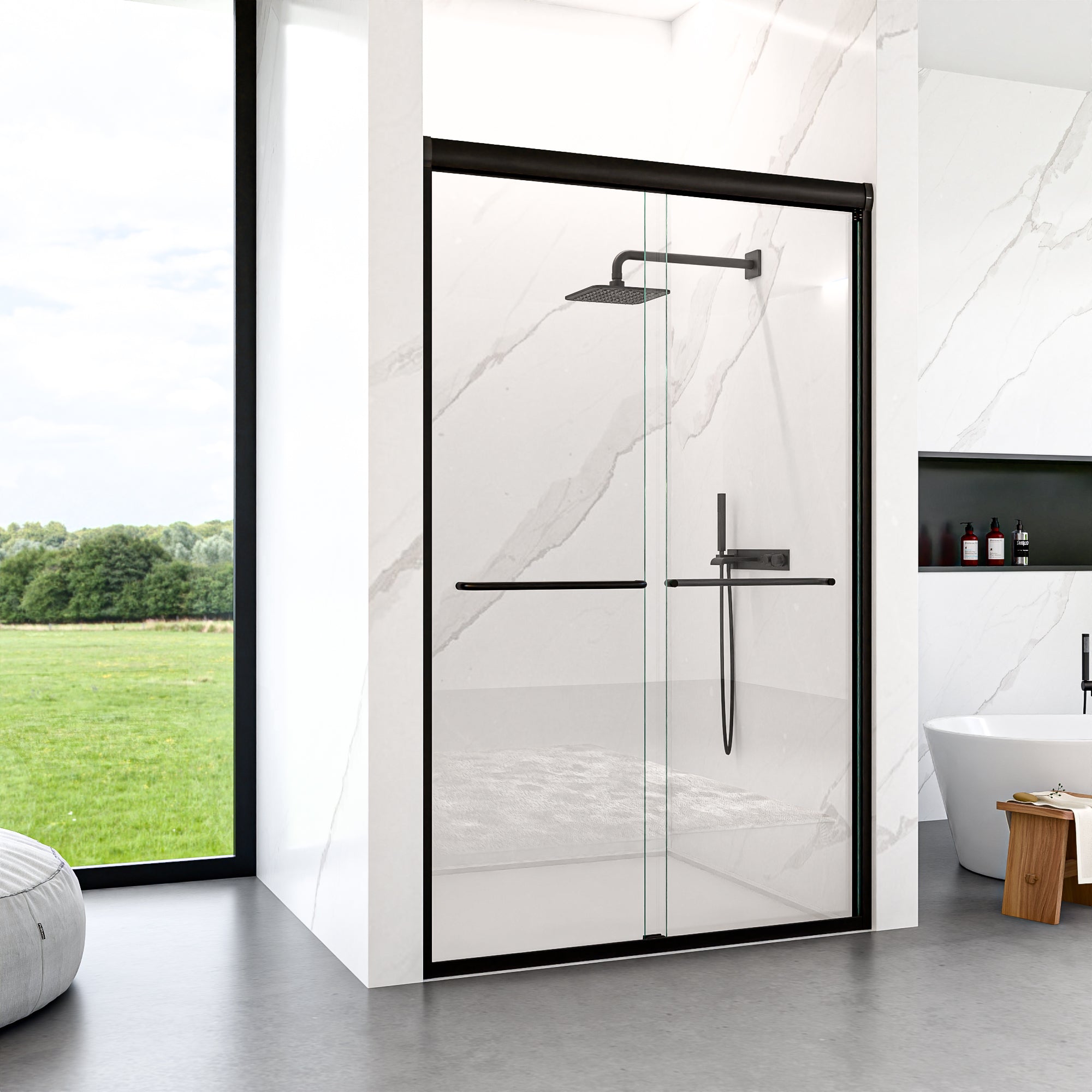 KZG matte black semi-frameless double sliding shower door with SGCC tempered glass, 44-48 in. width x 72 in. height — image 4