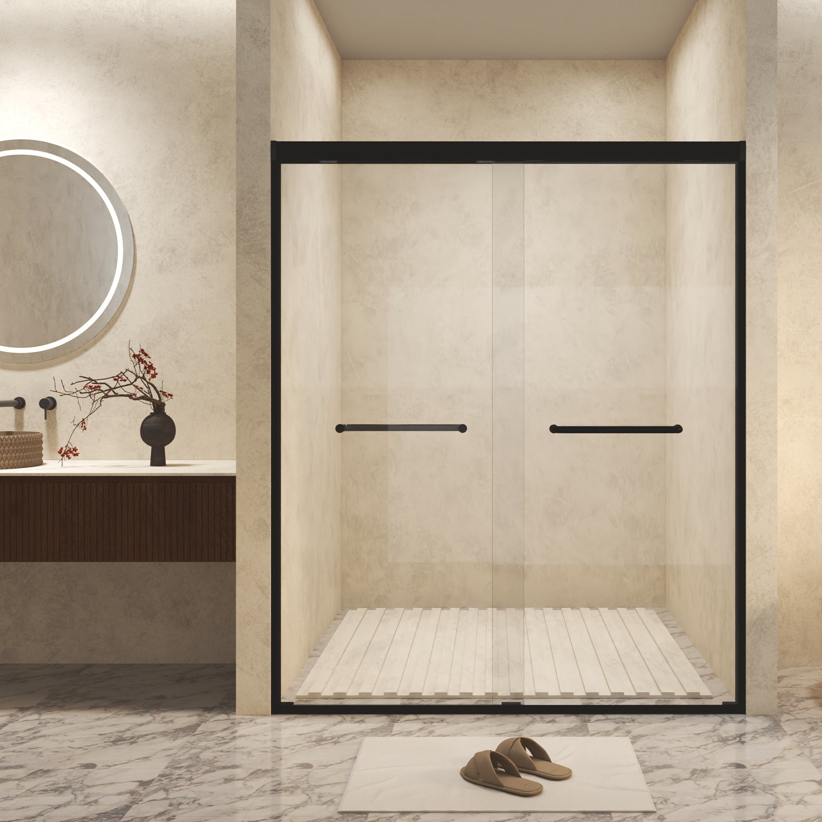Matte black aluminum frame sliding shower door with tempered glass — image 2