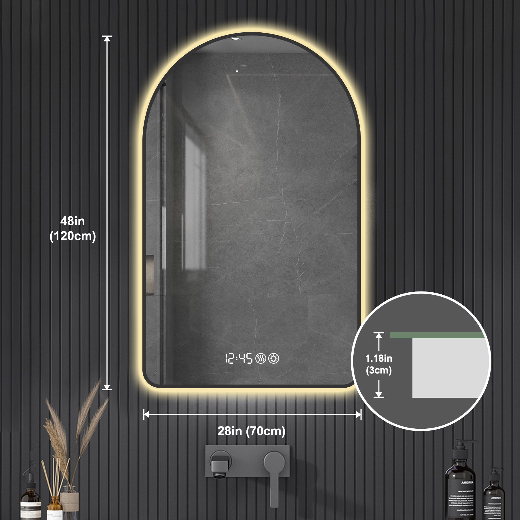 Arched LED vanity mirror with black aluminum frame and backlit display — image 7