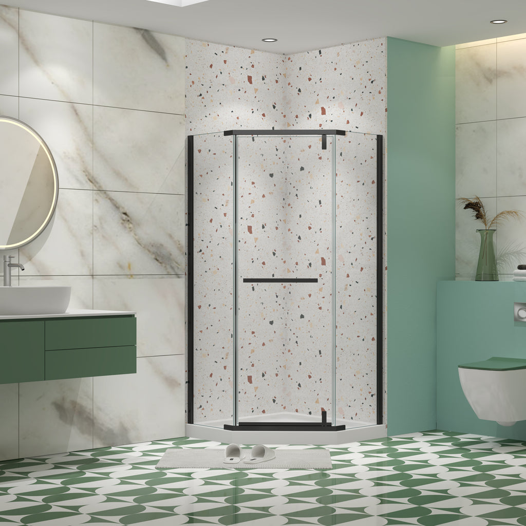 Matte black frameless neo-angle pivot shower door with tempered glass — image 1