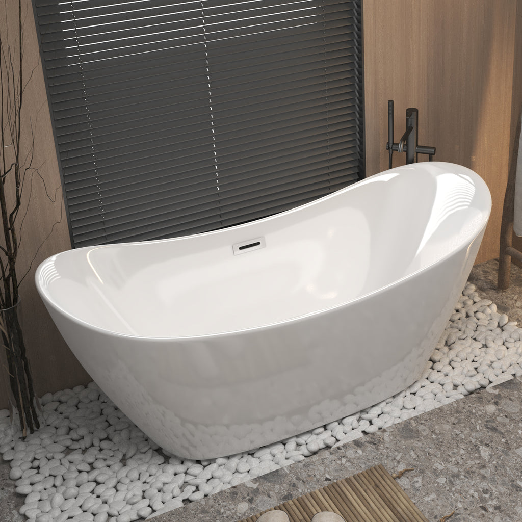 KZG modern acrylic freestanding soaking tub in gloss white with chrome overflow and drain — image 4