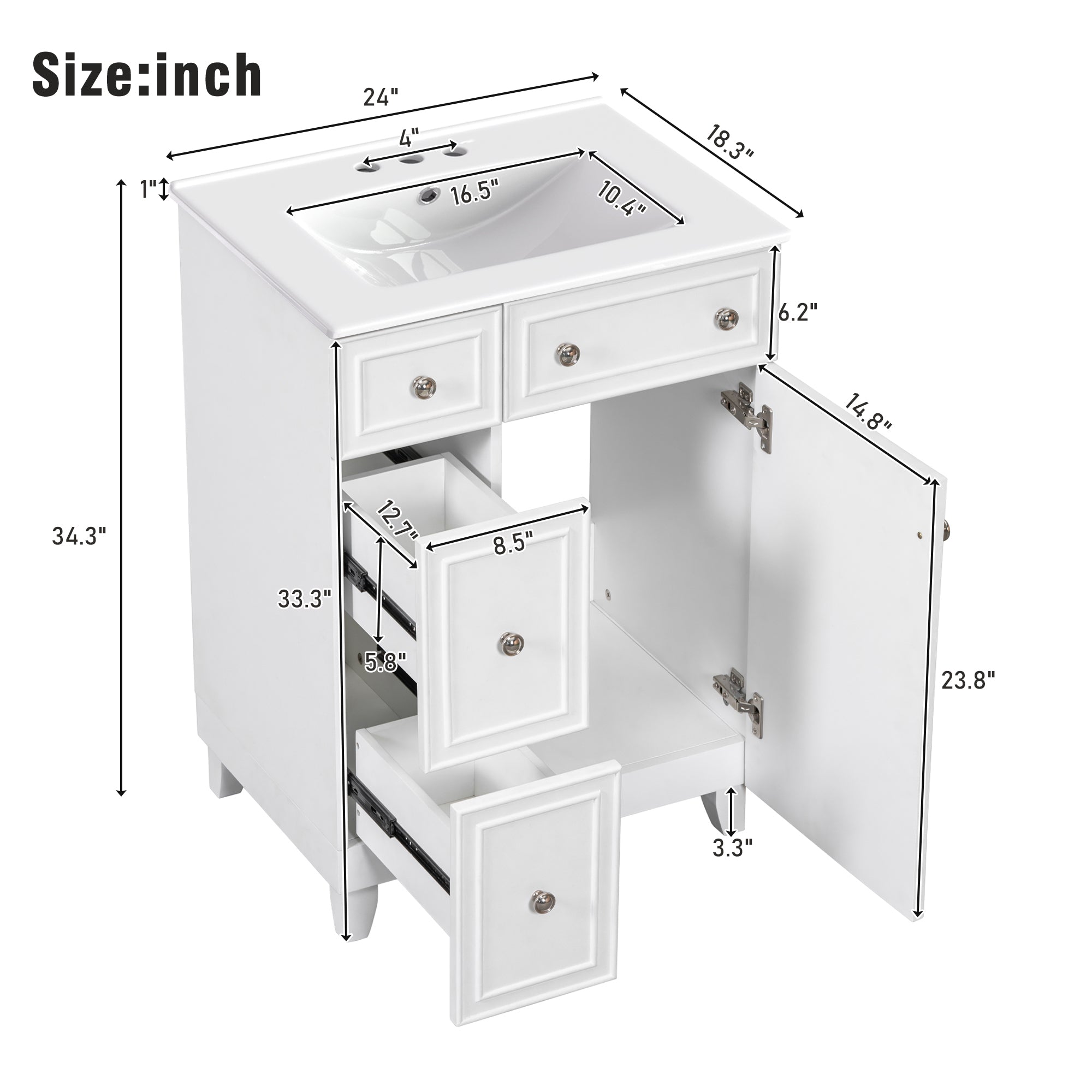 KZG 24-inch white transitional bathroom vanity cabinet with ceramic sink — image 3