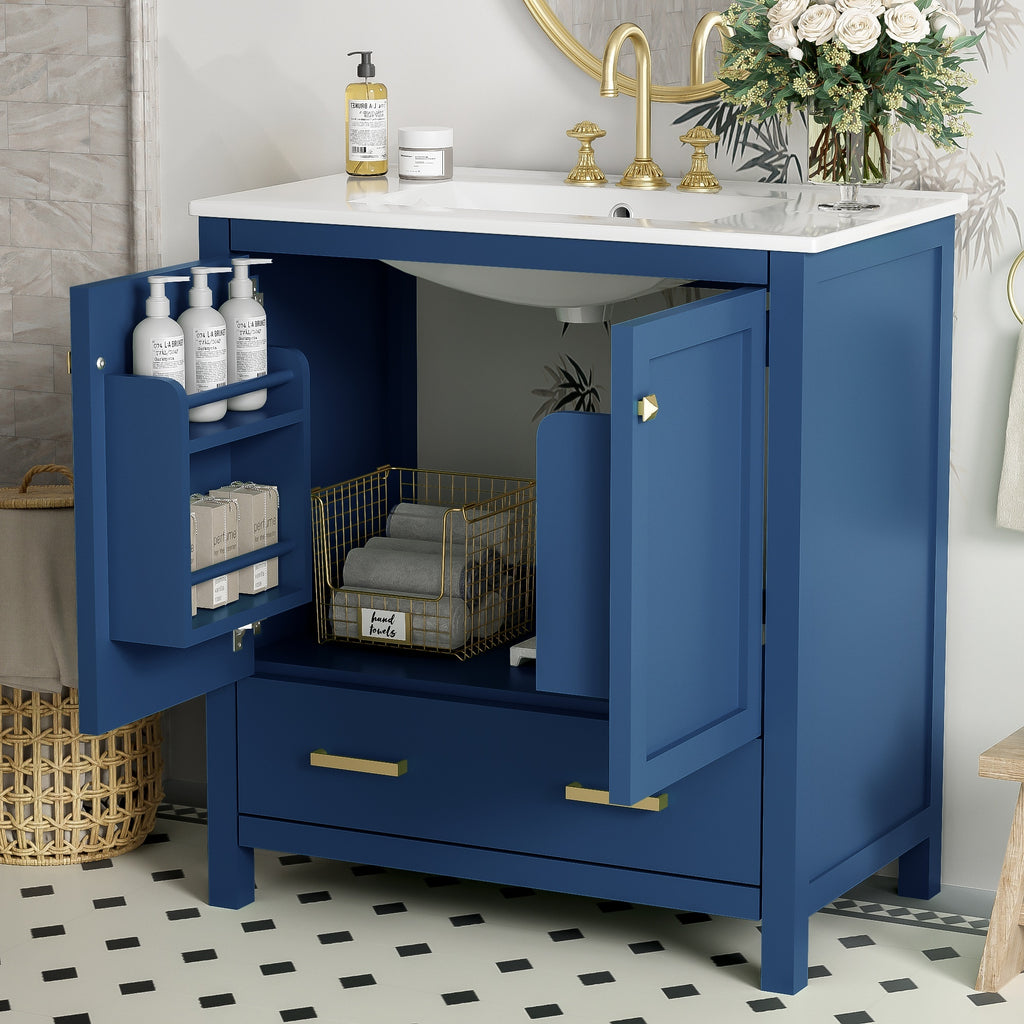 Blue bathroom vanity with white ceramic sink and soft-close doors — image 4