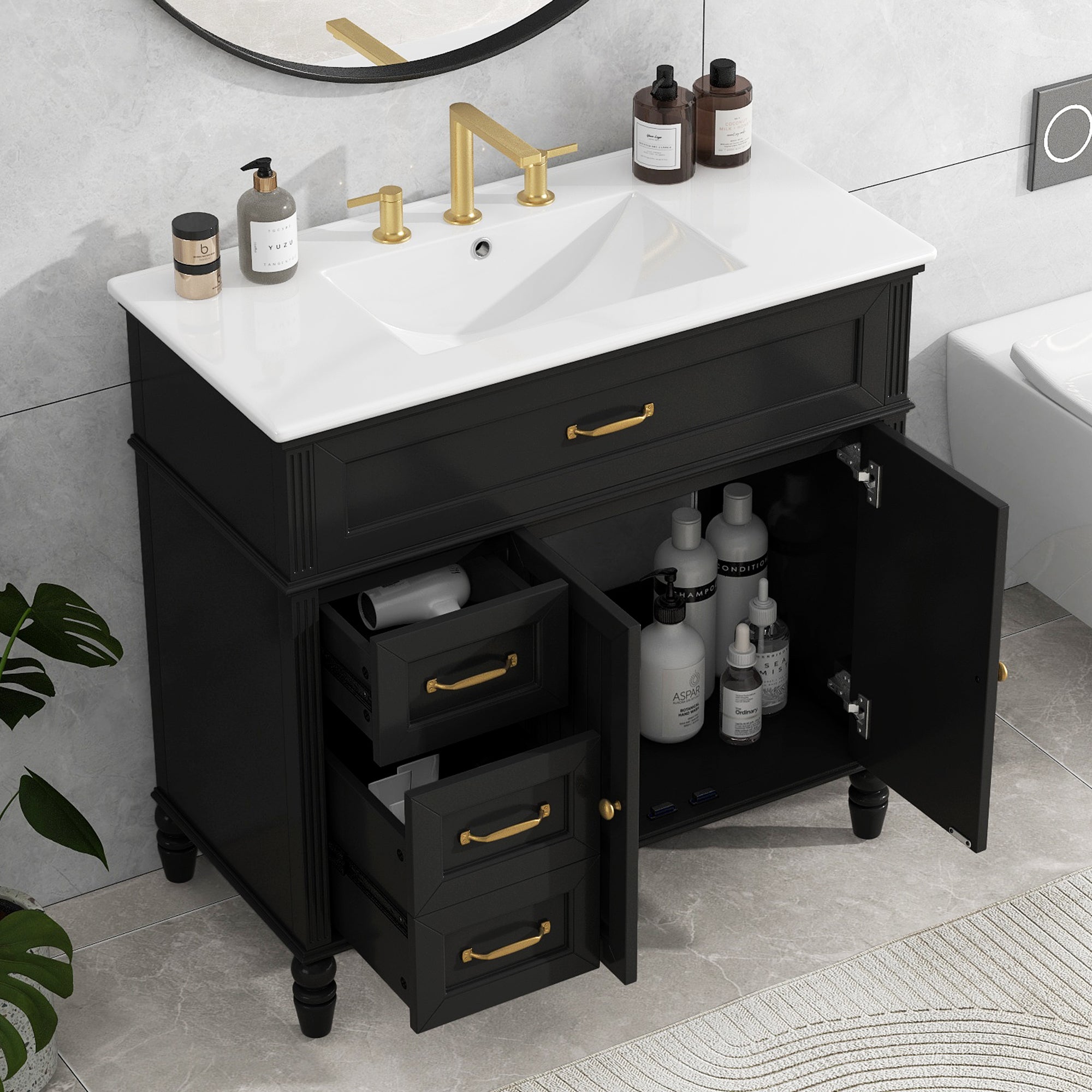 KZG 36-inch black bathroom vanity with ceramic sink and drawer storage — image 2