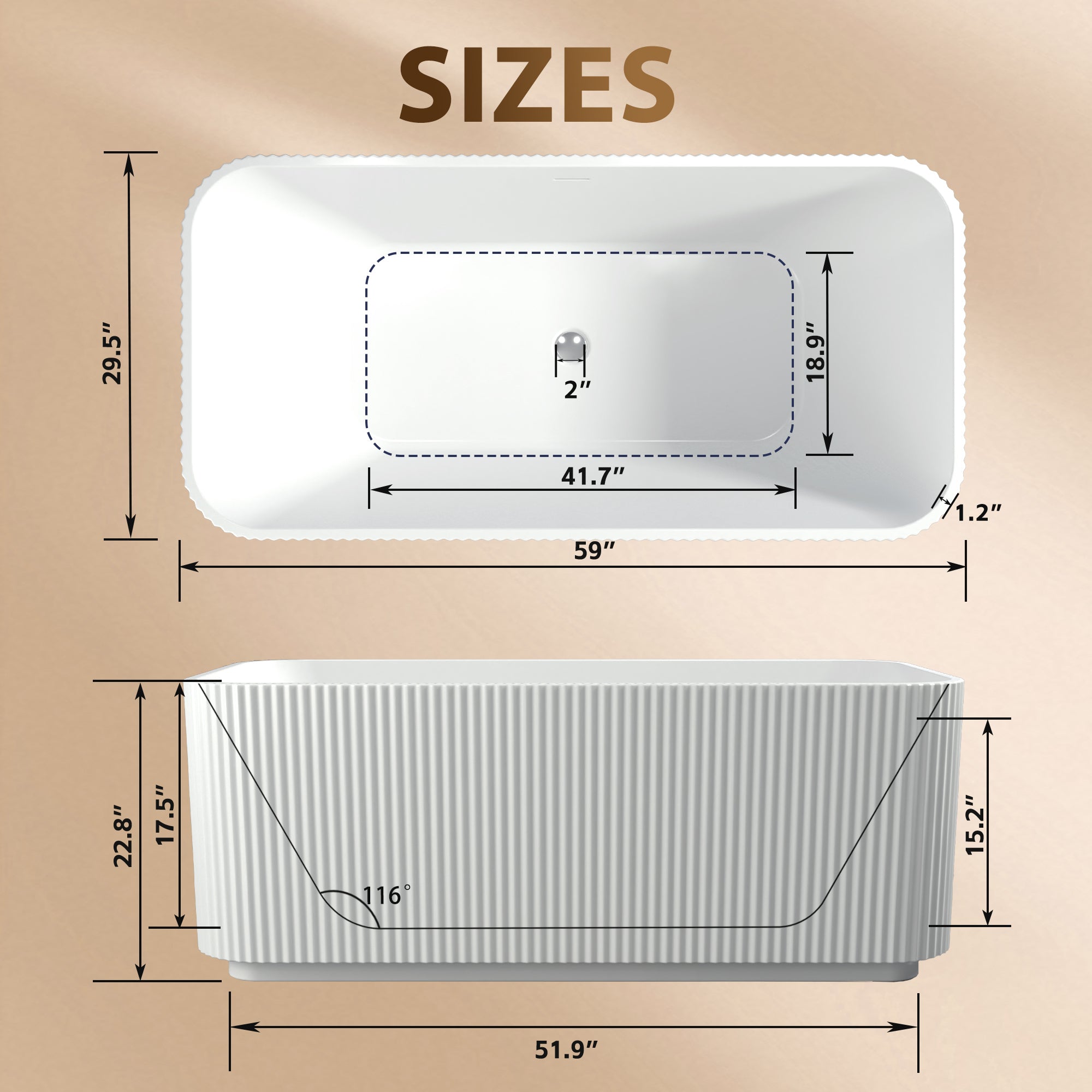 KZG 59 in. rectangle linear acrylic freestanding soaker tub in glossy white with chrome pop-up drain — image 3