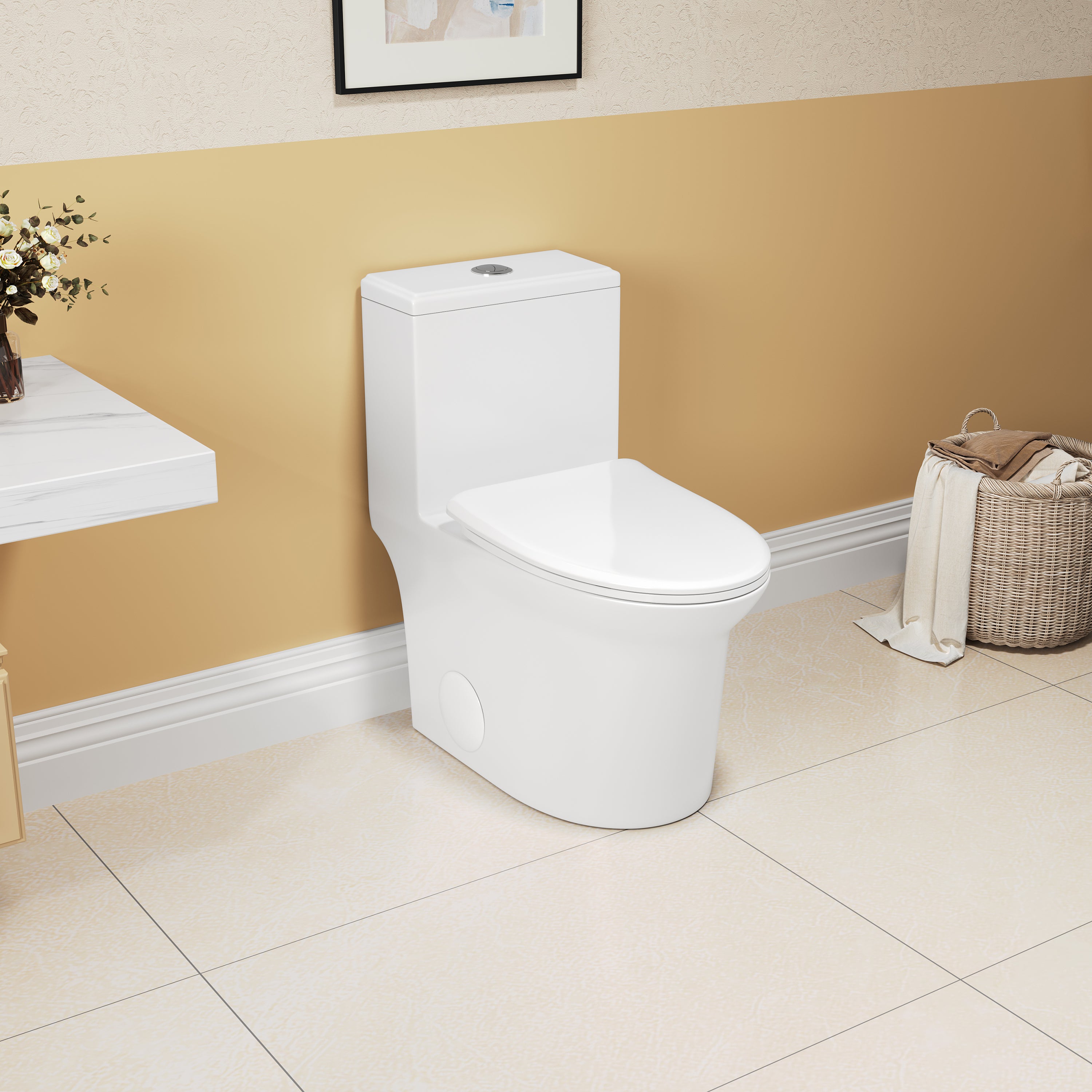 KZG elongated comfort height one-piece toilet in white ceramic with soft close seat — image 1