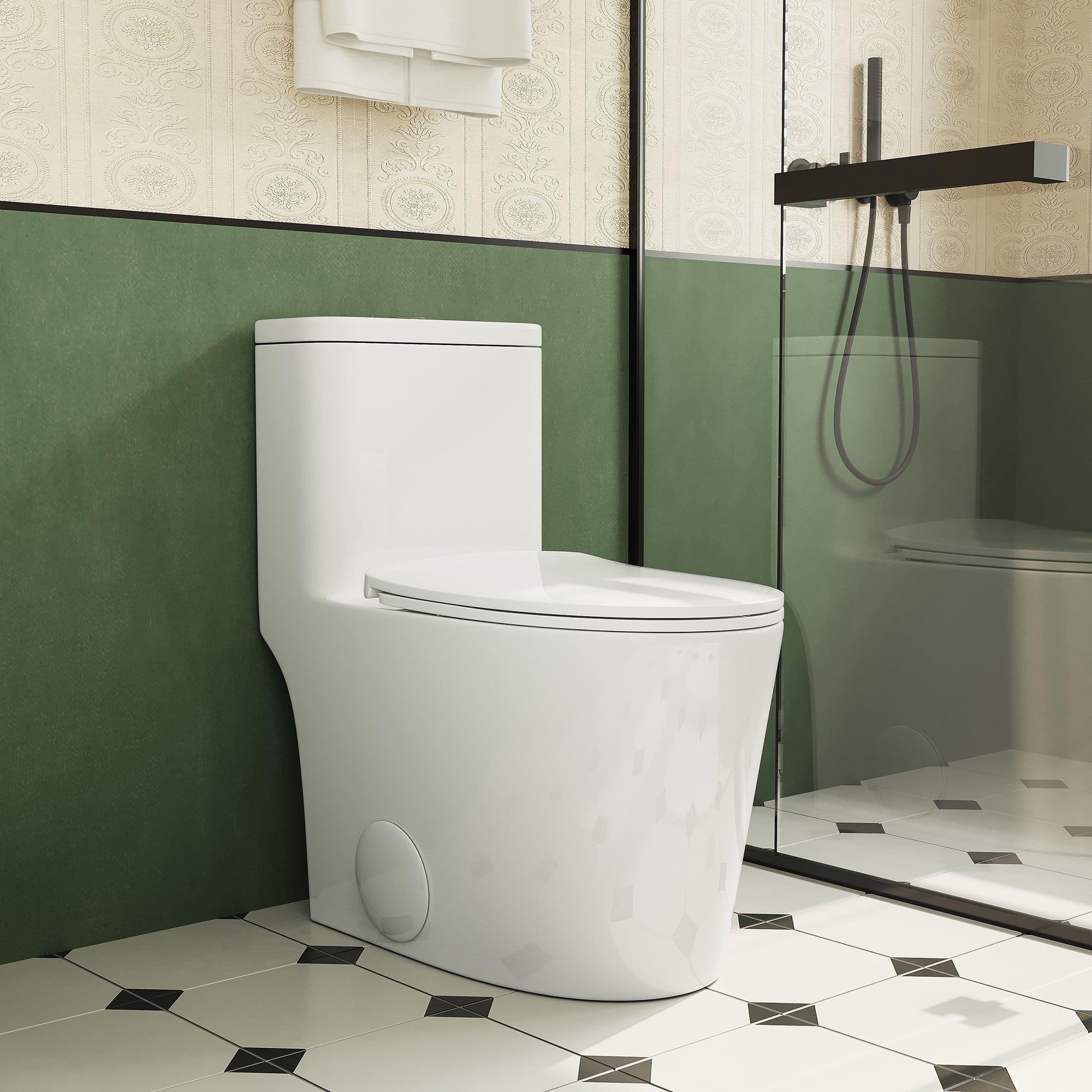 White elongated comfort height one-piece toilet with soft-close seat — image 2