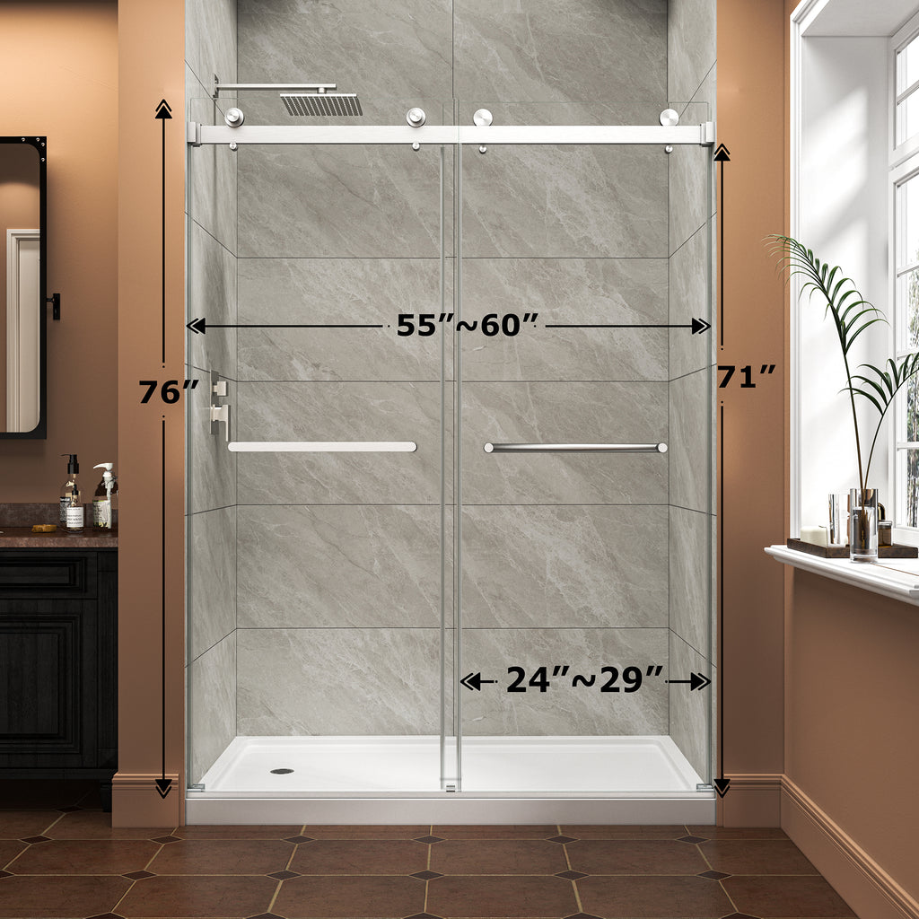 KZG 55-60 inch reversible bypass frameless shower door in brushed nickel with tempered glass — image 3
