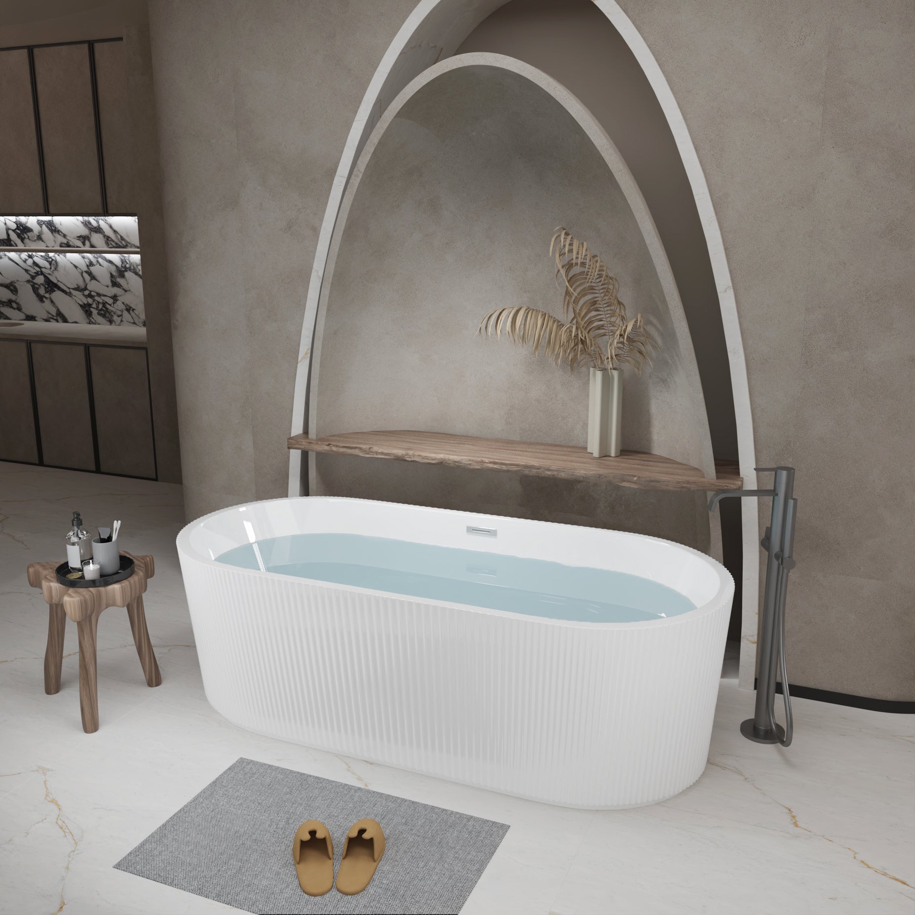 KZG 59 in. linear freestanding acrylic soaker tub in glossy white with chrome pop-up drain — image 5
