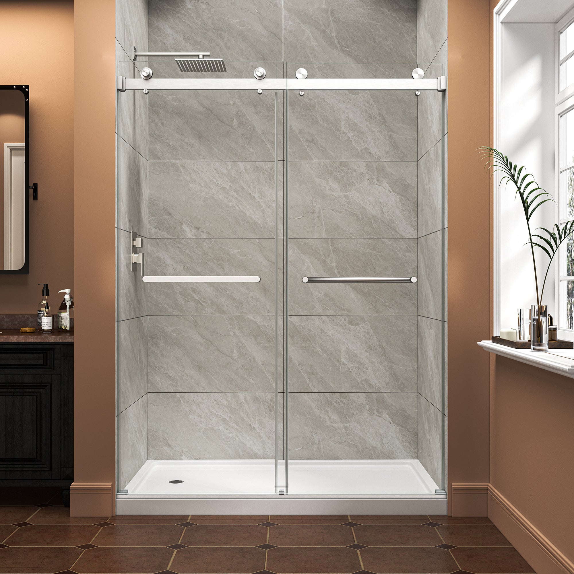 KZG 55-60 inch reversible bypass frameless shower door in brushed nickel with tempered glass — image 1