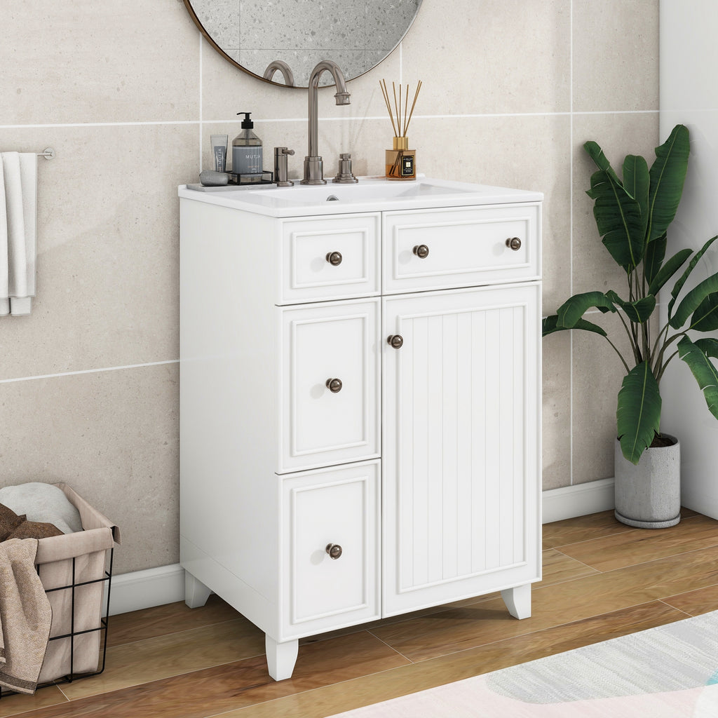 KZG 24-inch white transitional bathroom vanity cabinet with ceramic sink — image 2