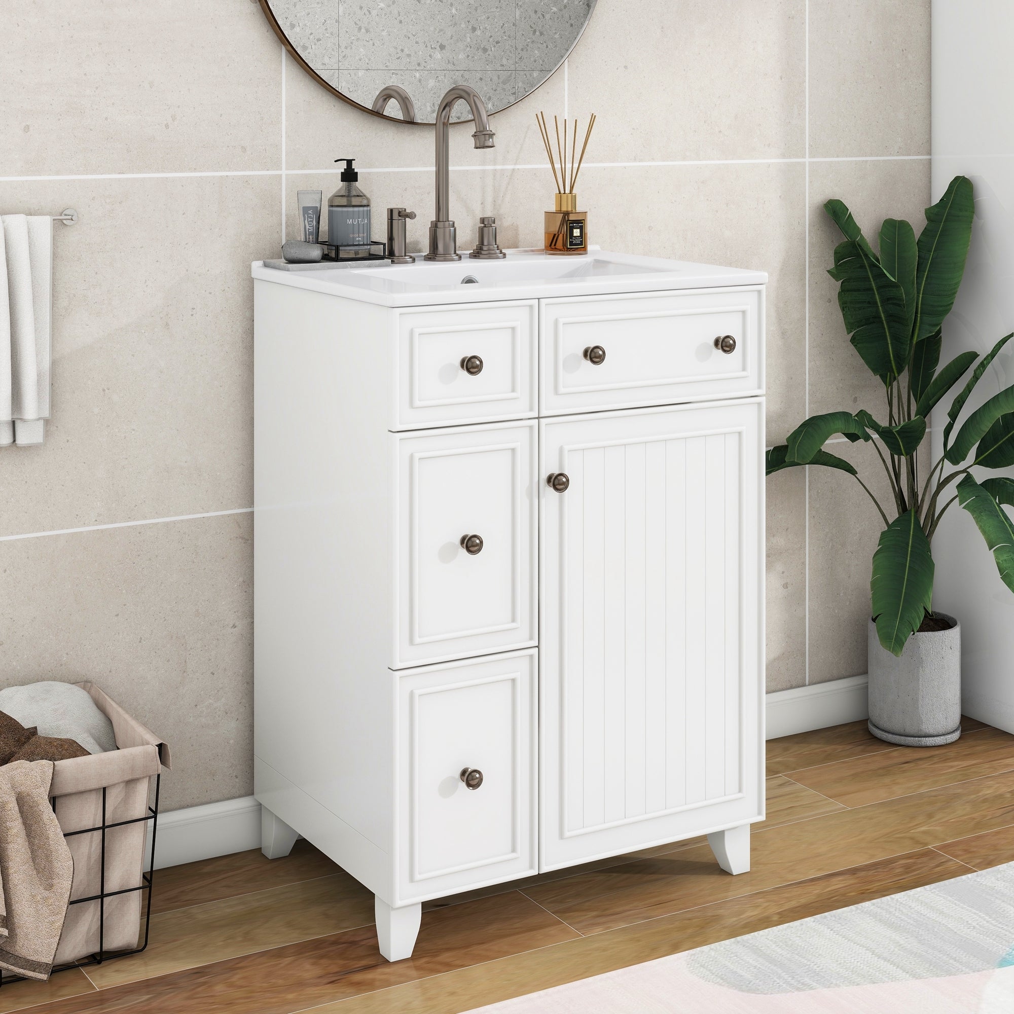 KZG 24-inch white transitional bathroom vanity cabinet with ceramic sink — image 2
