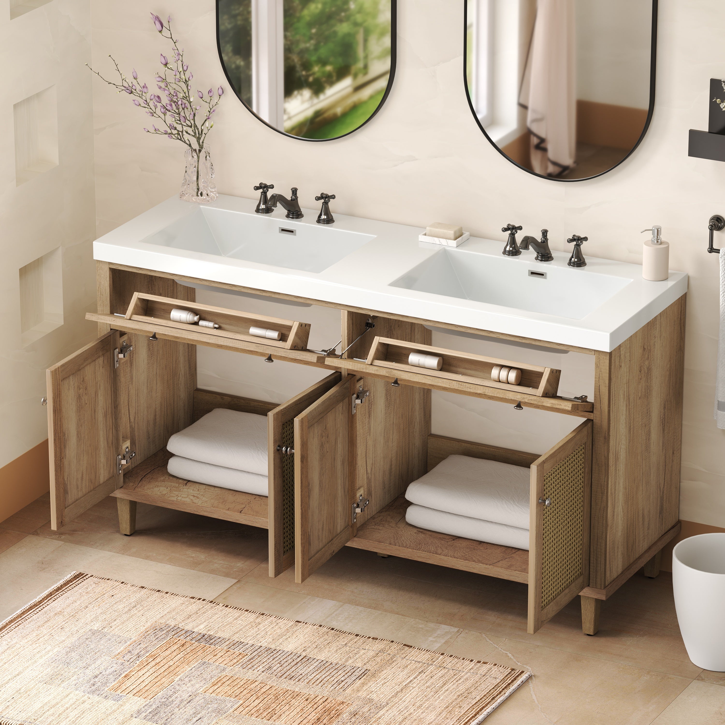 60-inch wood-finish double-sink vanity with SMC basins and storage — image 6