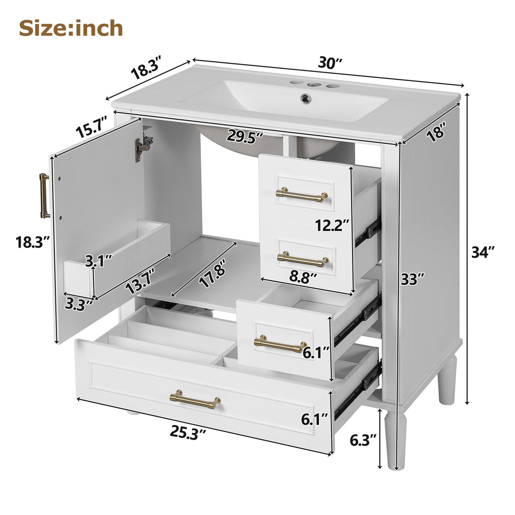 KZG 30-inch modern white bathroom vanity with ceramic sink and soft-close door — image 3