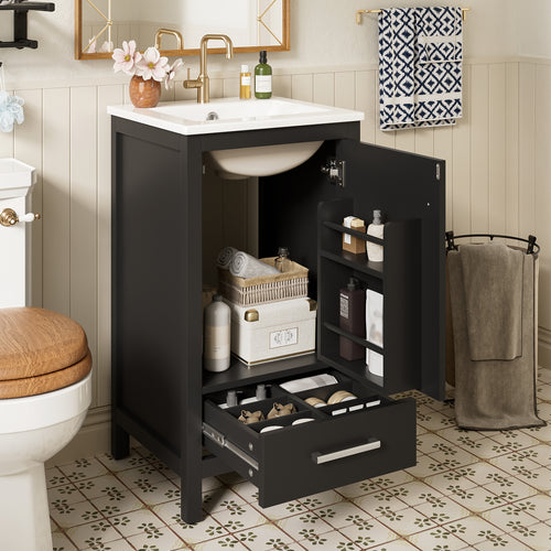 Black modern bathroom vanity with ceramic sink and soft-close drawers — image 2