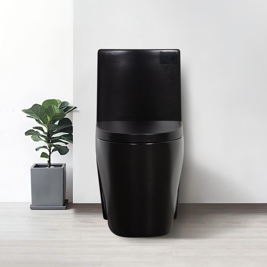 KZG one-piece black ceramic toilet with elongated comfort height bowl and soft-closing seat — image 3
