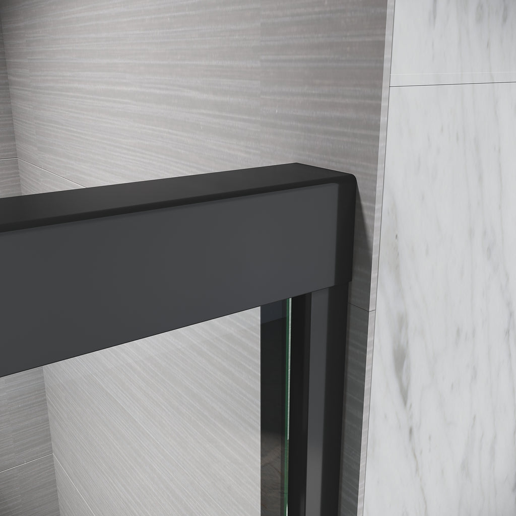 Matte black semi-frameless sliding shower door with clear tempered glass — image 4