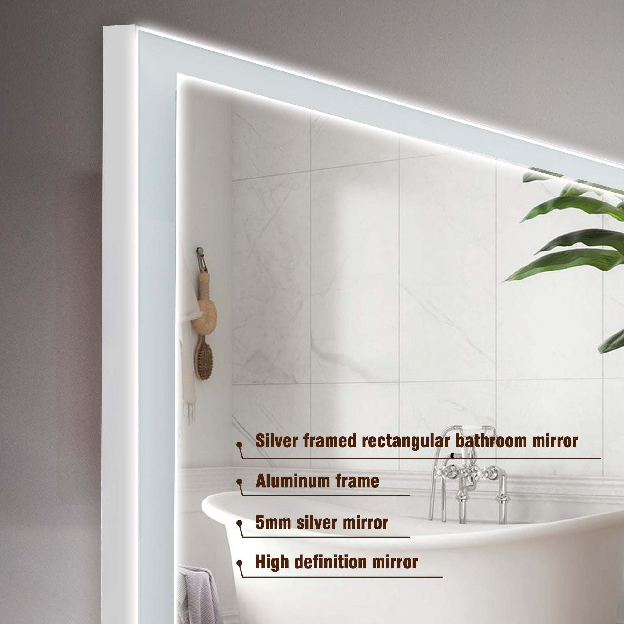 KZG modern LED bathroom vanity mirror, 48x32 in., silver aluminum frame with beveled lights and anti-fog coating — image 7